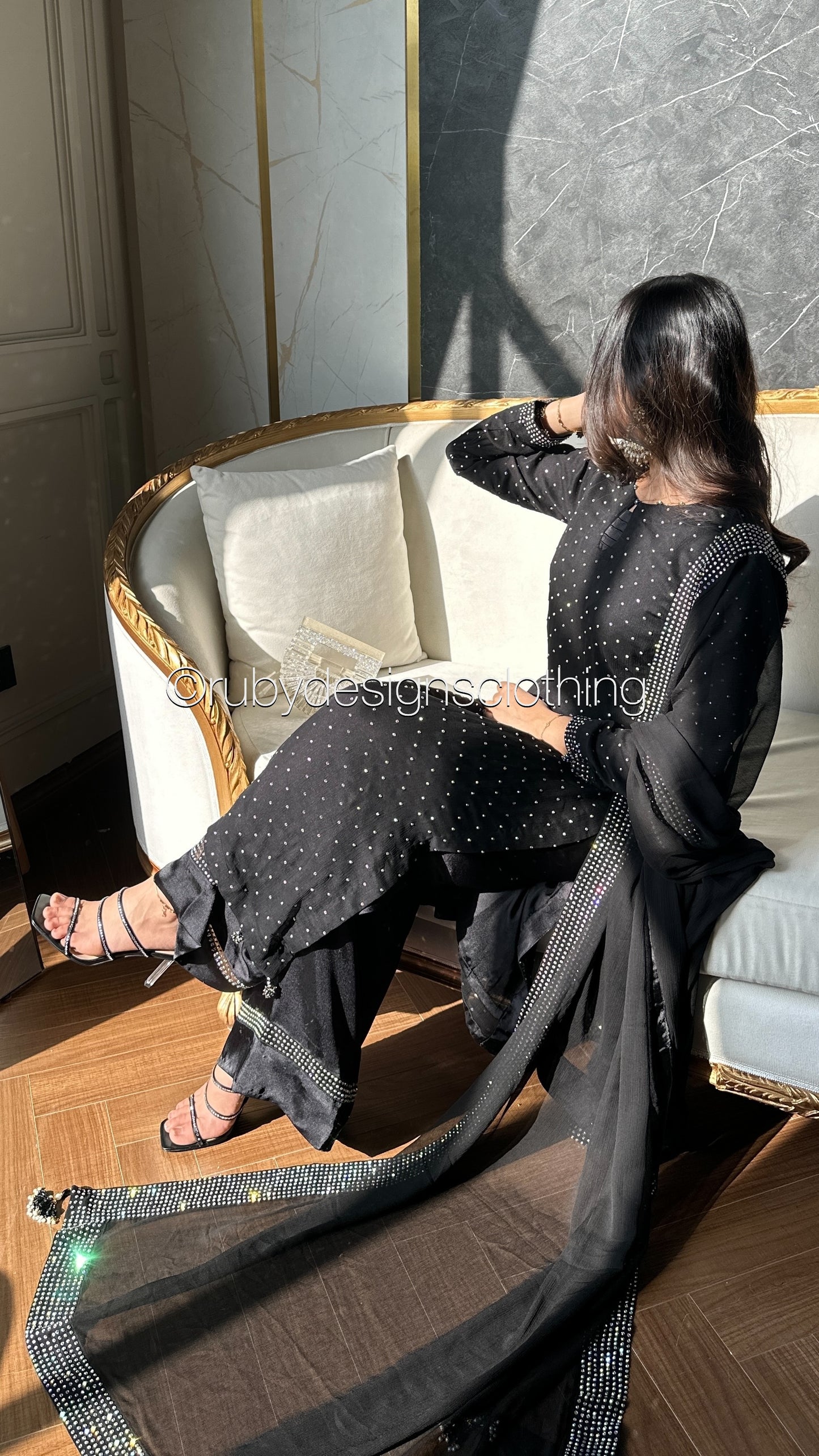 MISSING ITEM (TROUSER and SCARF) - LEENA Noir - 3 Piece Chiffon Suit with Stonework