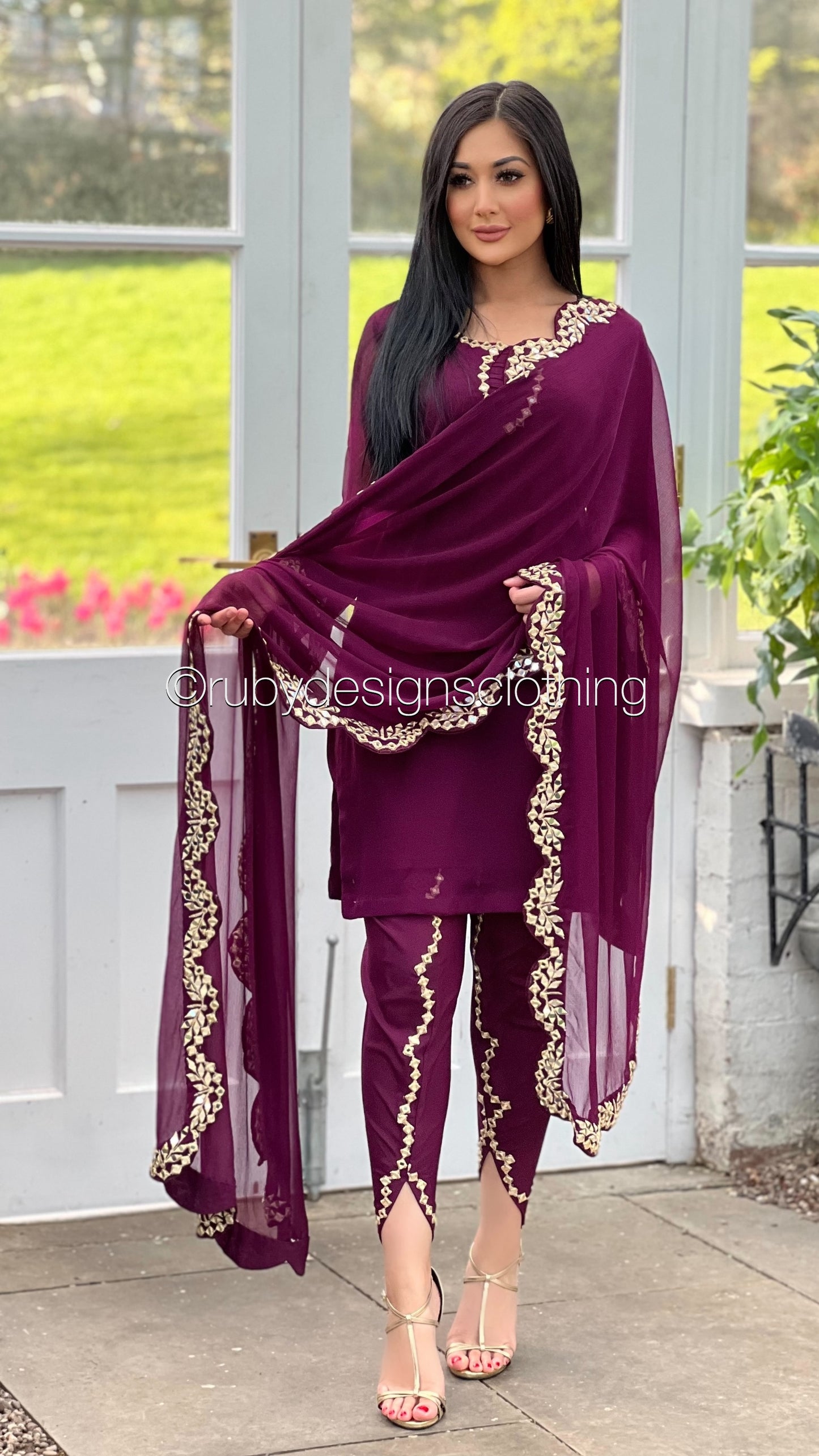AQSA Plum - 3 Piece Plum Chiffon Suit with Tulip Trouser (8373499723989)
