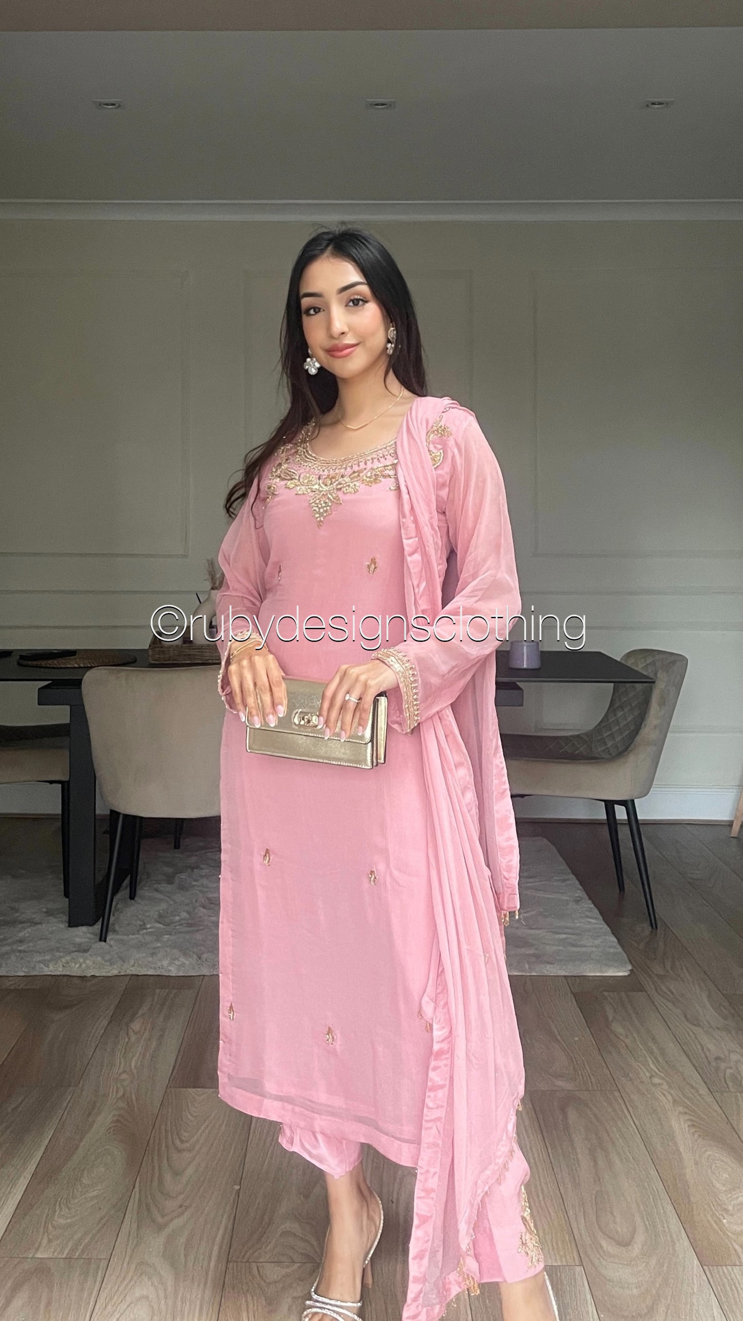 AMBREEN Pink - 4 Piece Chiffon Suit with Gold Handwork