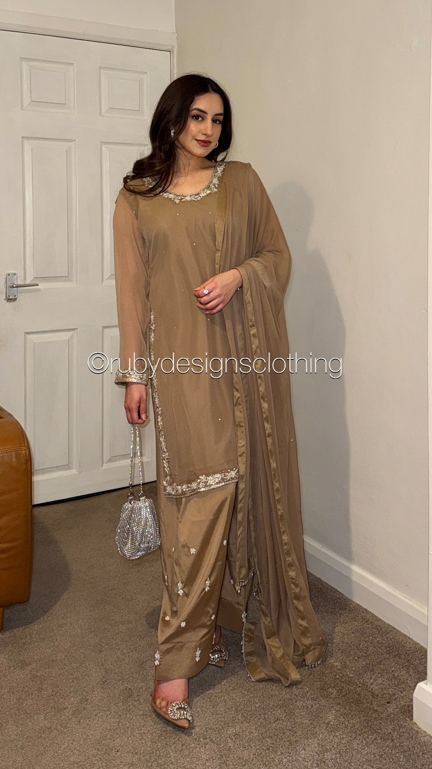 AYRA Dawn - 3 Piece Brown Chiffon Suit with Farshi Shalwar
