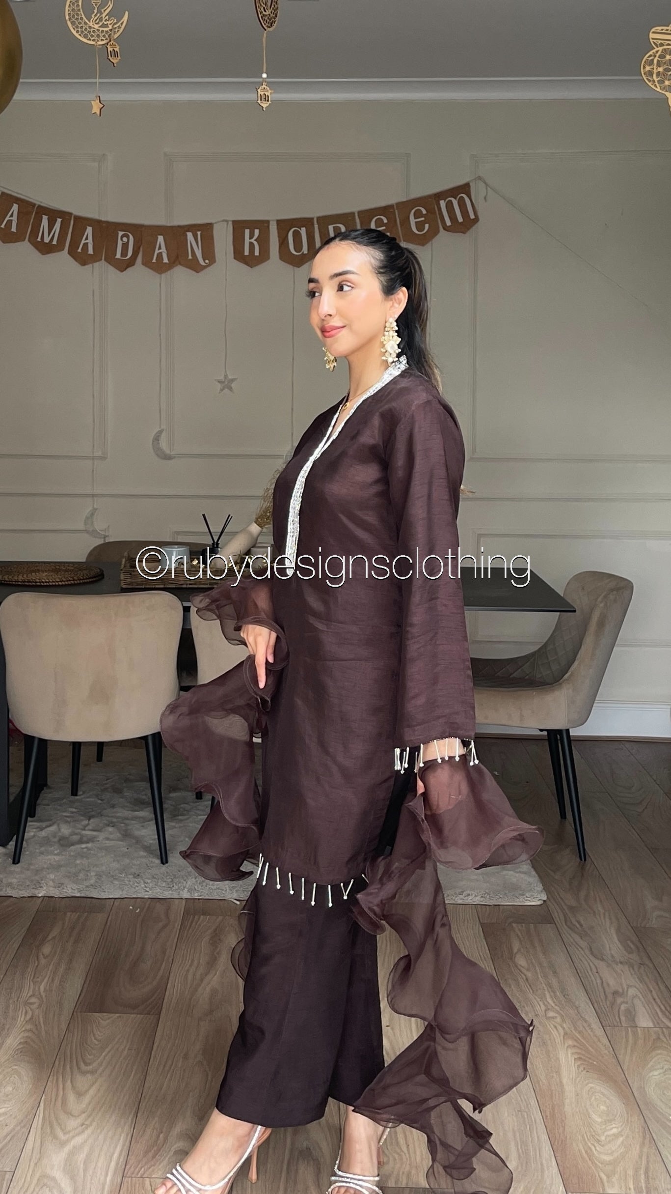 SABEEN Cocoa - 3 Piece Brown Raw Silk Suit with Ruffle Dupatta (8502097838293)