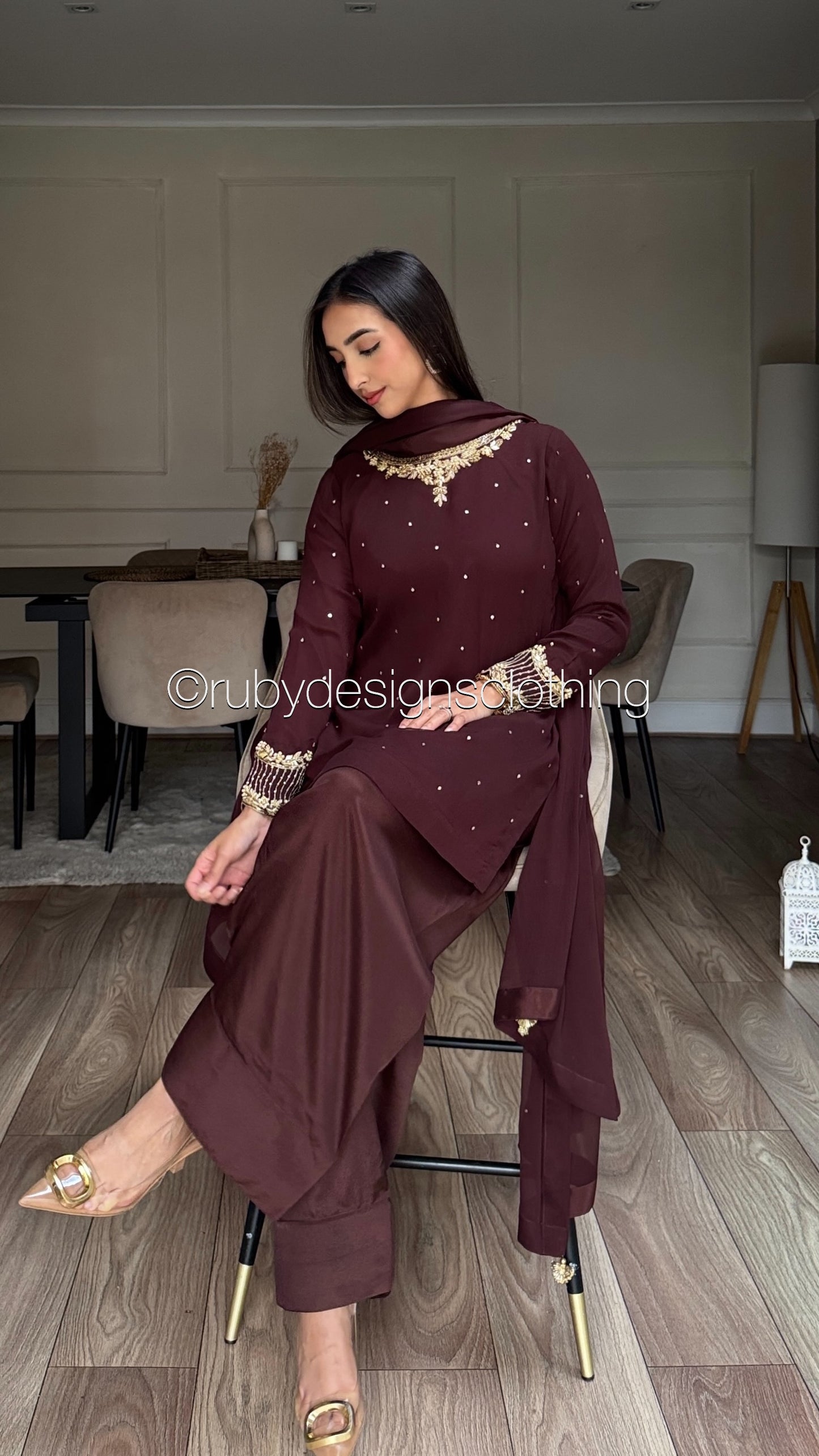 RAHA Mocha - Luxury 3 Piece Chiffon Suit with Farshi Shalwar