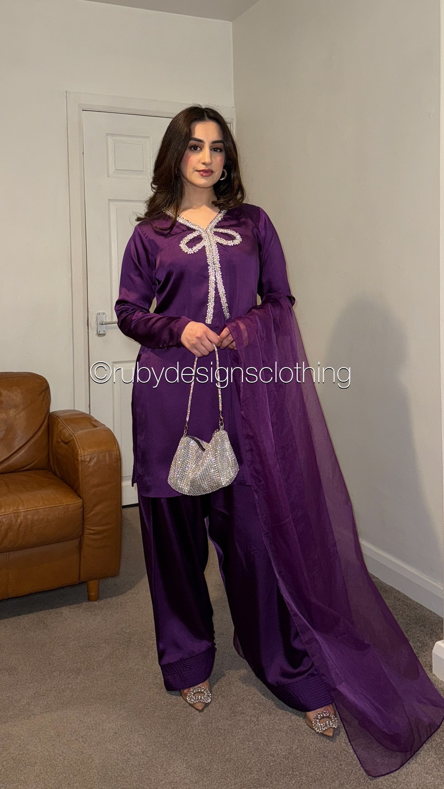 MONA - 3 Piece Silk Suit with Farshi Shalwar and Bow Detail
