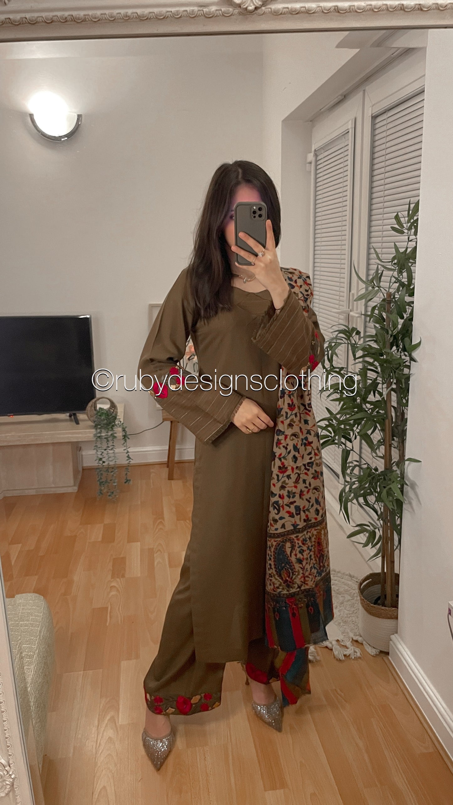 MINA - 3 Piece Khaki Marina Suit with Printed Pashmina Shawl
