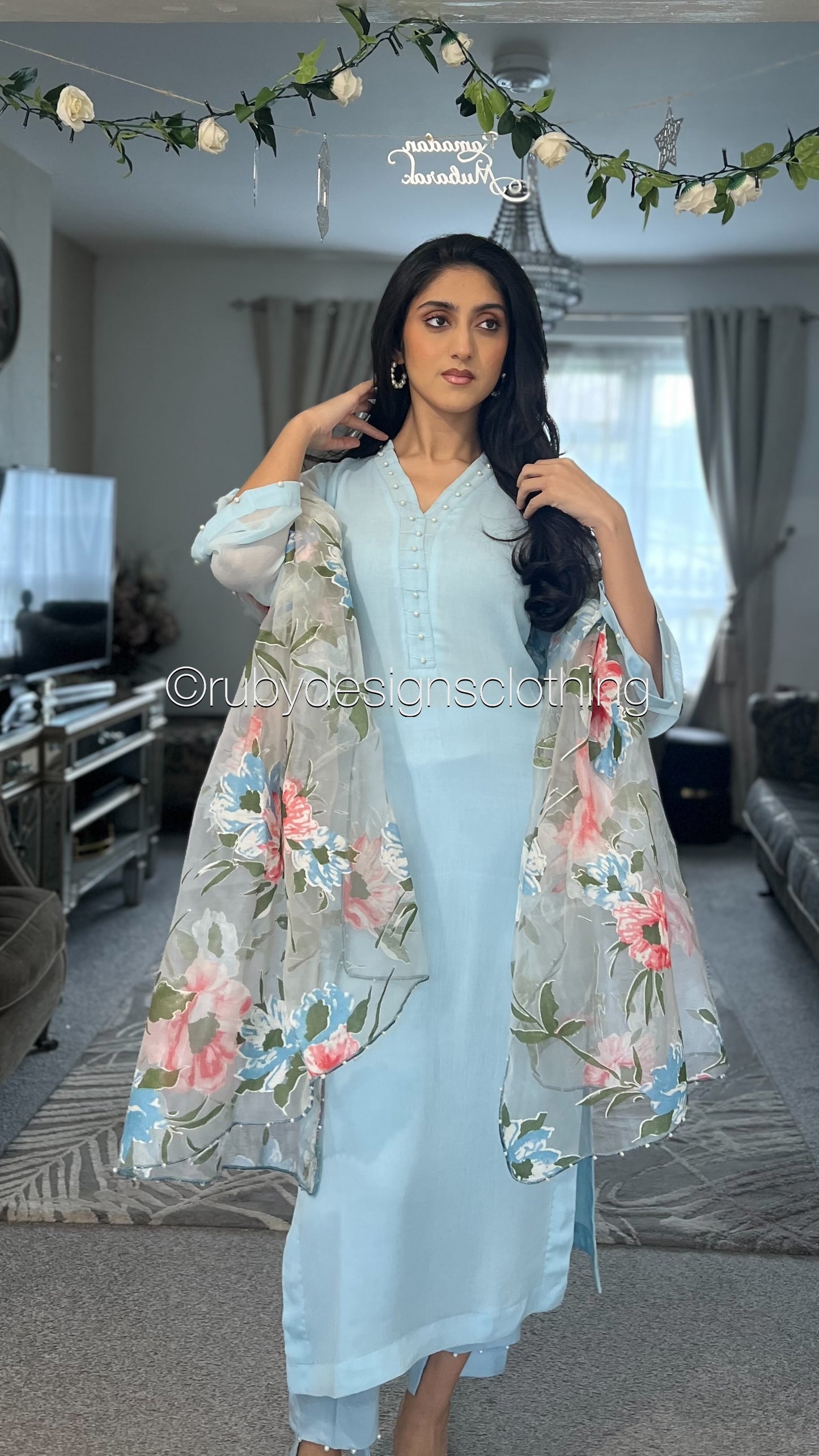 ARIA Sky - 3 Piece Blue Chiffon Suit with Organza Dupatta (8371716096213)