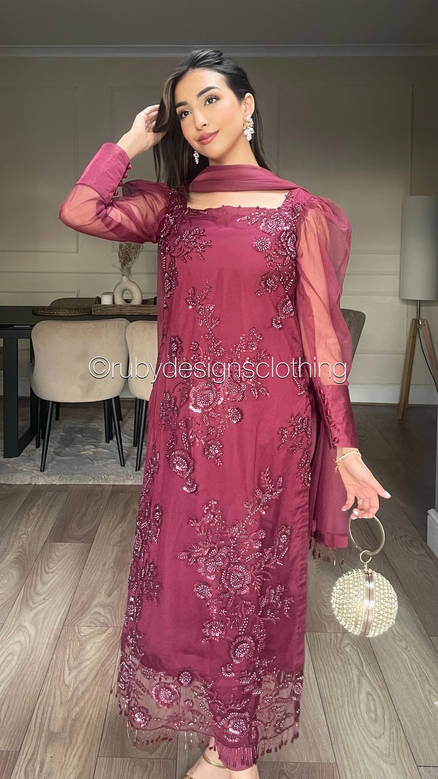 DINA - 3 Piece Deep Red Net Suit with Net Dupatta and Tassels (8301864255701)