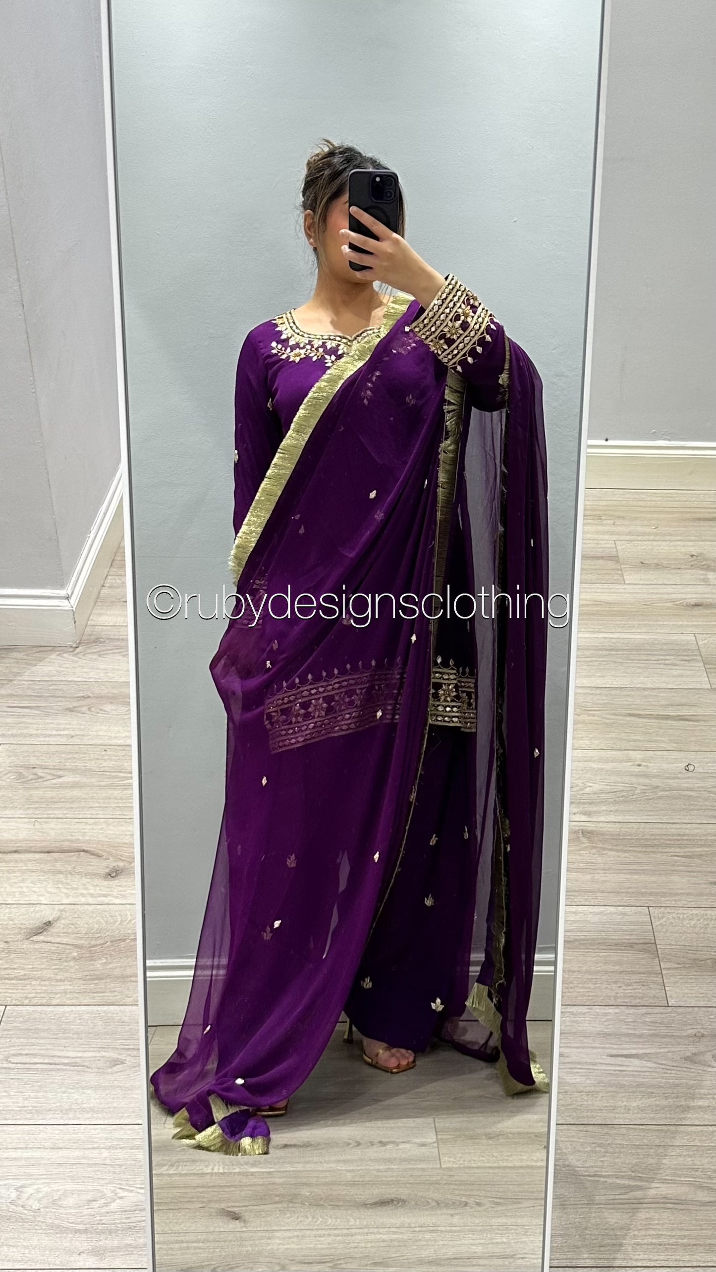 SAJAL Purple - EXCLUSIVE SAMPLE 3 Piece Chiffon Suit with Farshi Shalwar and Gota Handwork