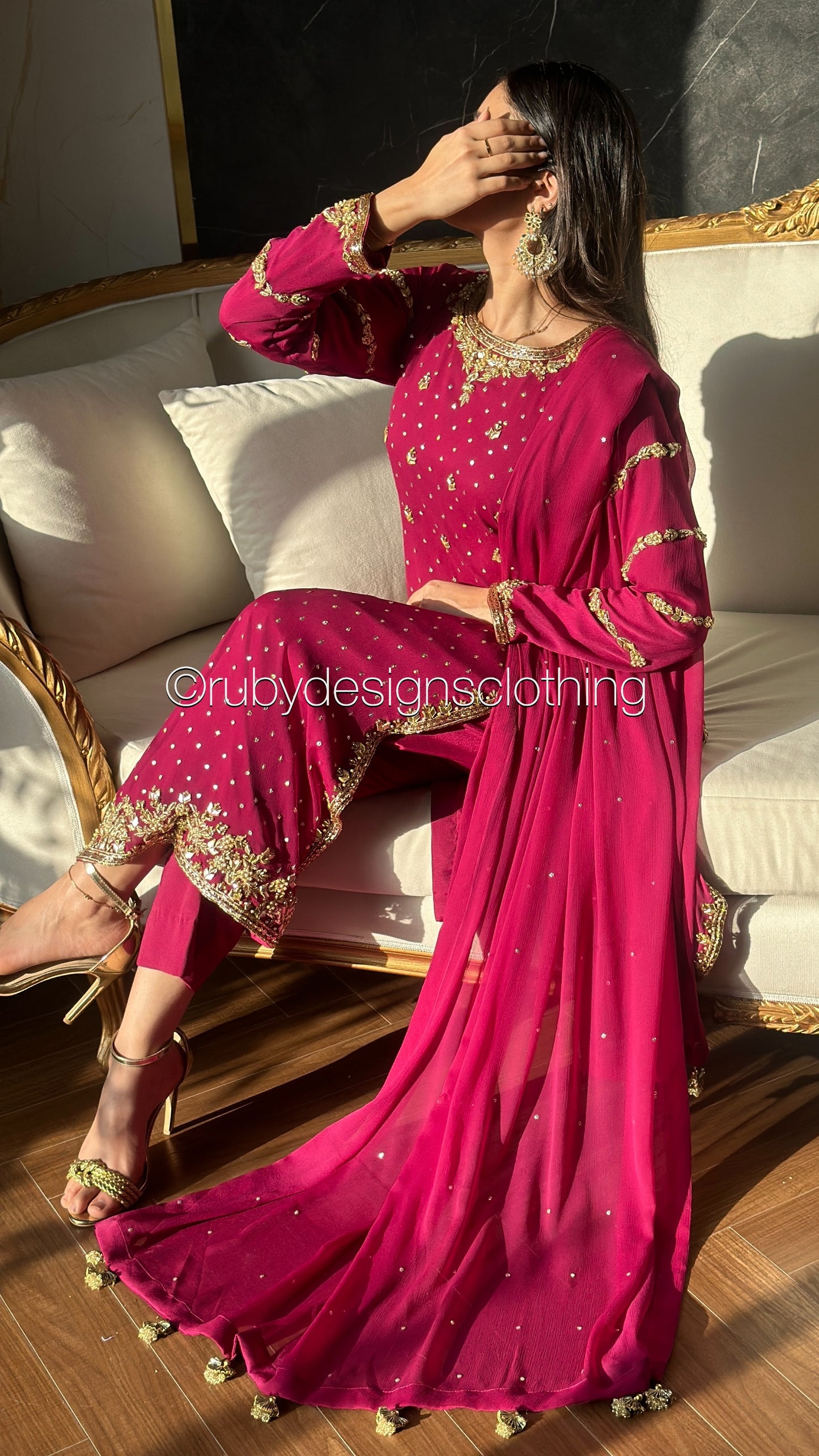 ZAREEN Fuchsia - Luxury 3 Piece Chiffon Suit with Gold Handwork
