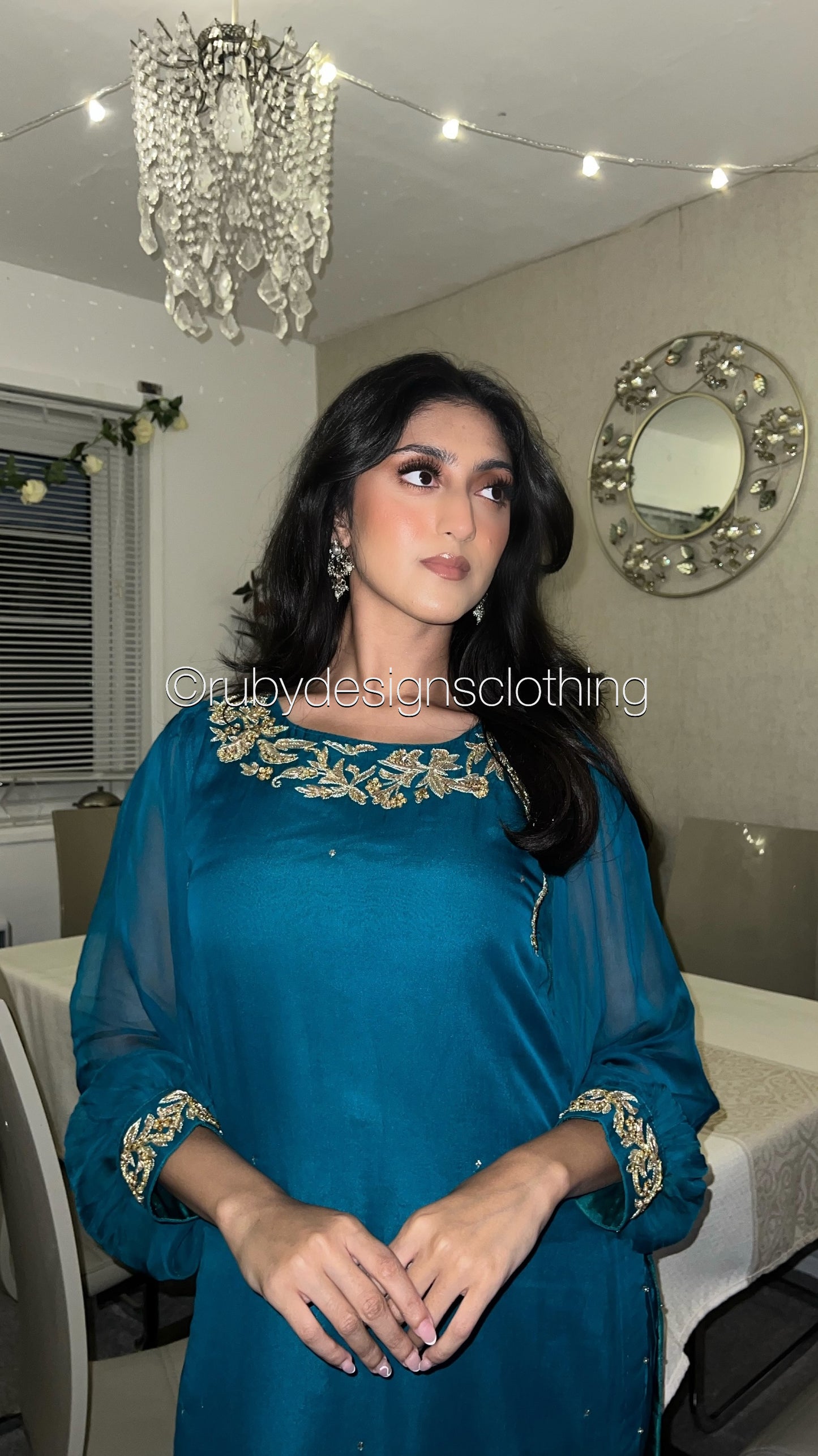ANEEQA Teal - 4 Piece Chiffon Suit with Gold Handwork (8013104775381)