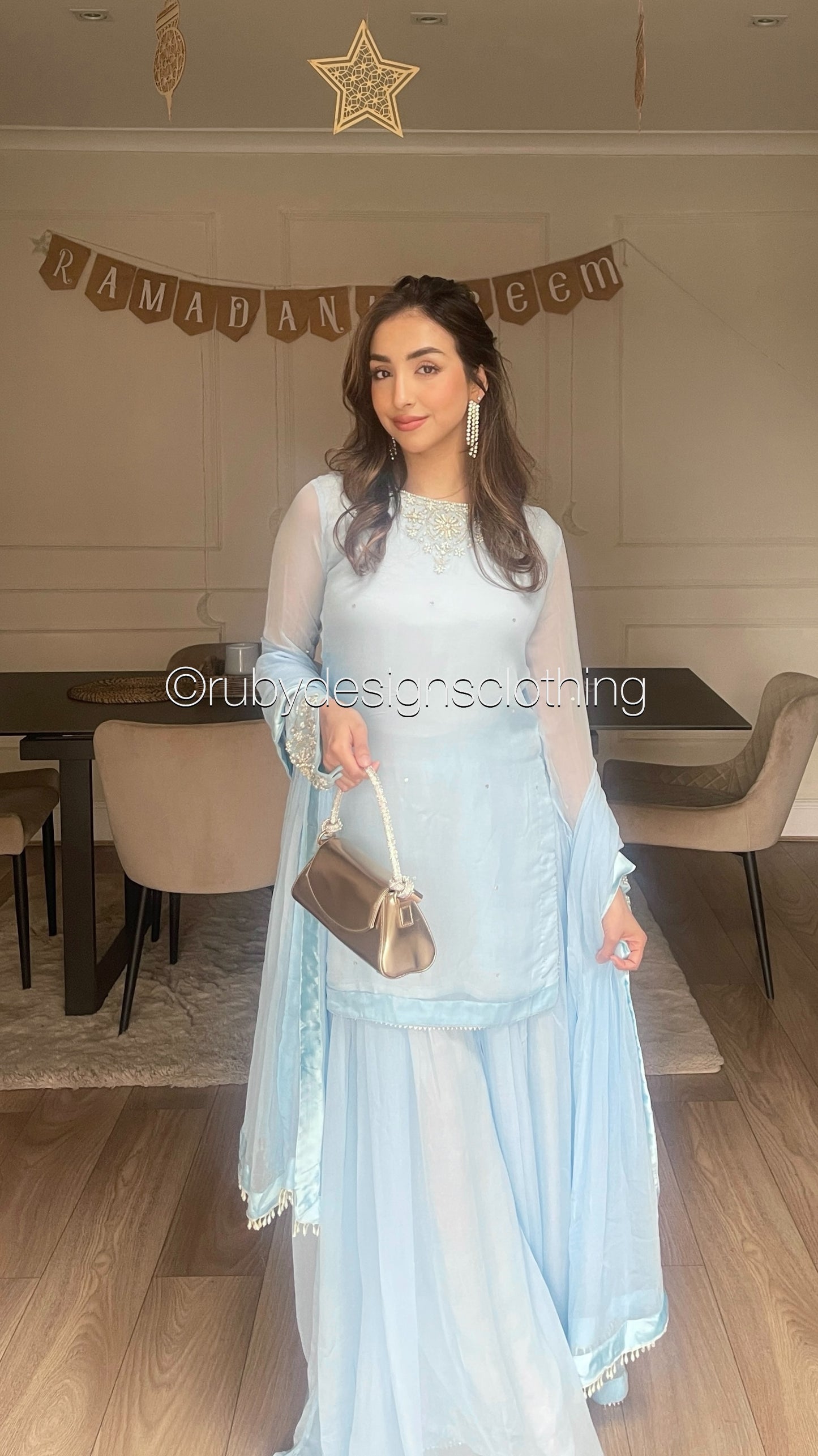 AFREEN - 3 Piece Ice Blue Chiffon Sharara with Silver Handwork (8340662386901) (8748158943445)