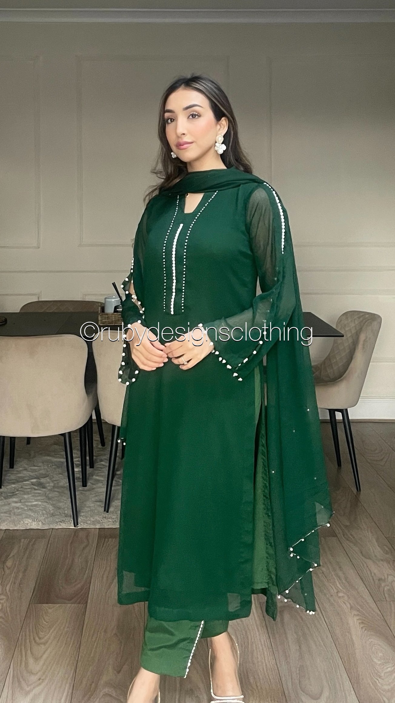 DUA Emerald - 3 Piece Emerald Chiffon Suit with Chiffon Dupatta and Pearls (8306848301269)
