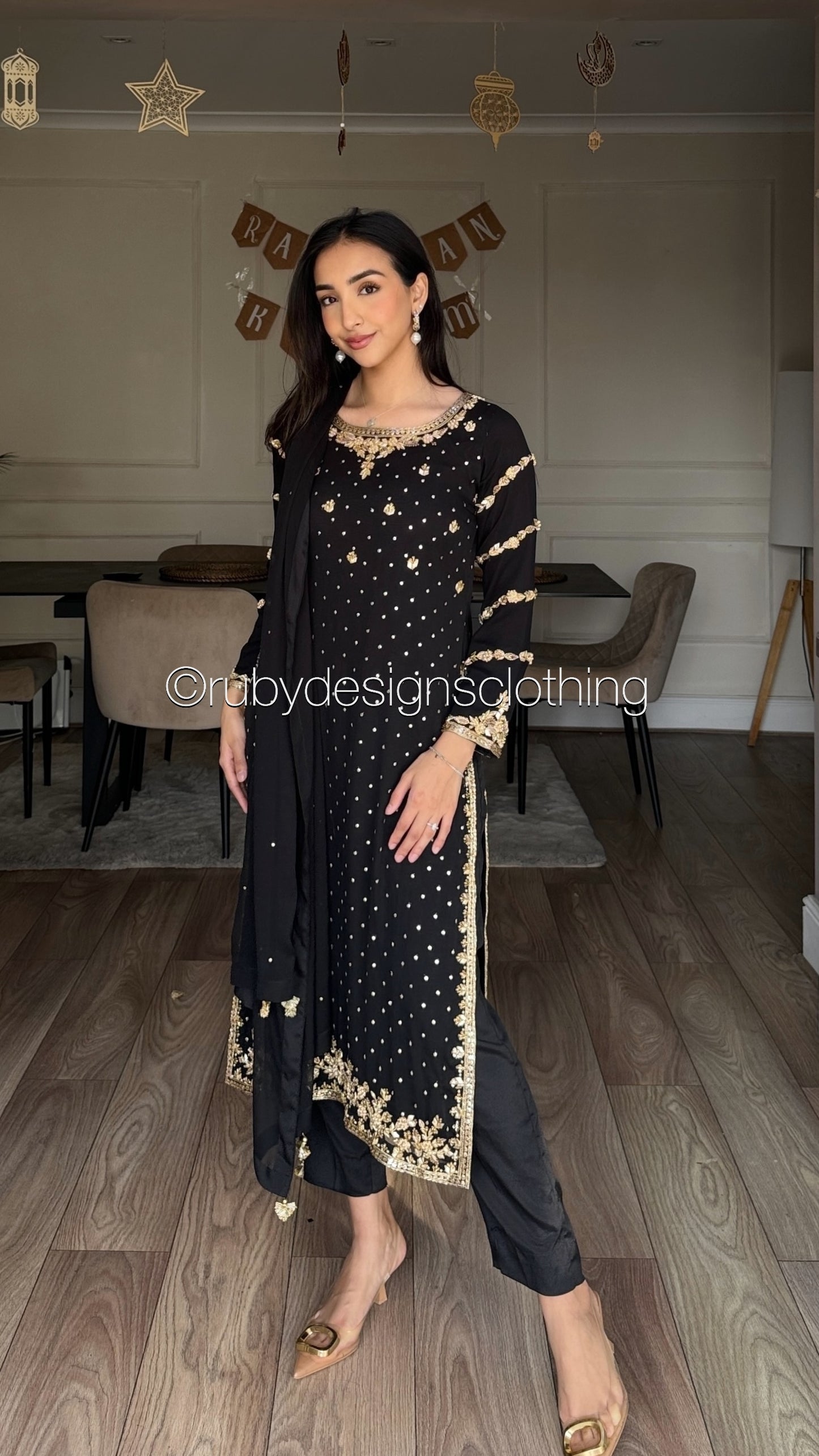ZAREEN Noir - Luxury 3 Piece Chiffon Suit with Gold Handwork
