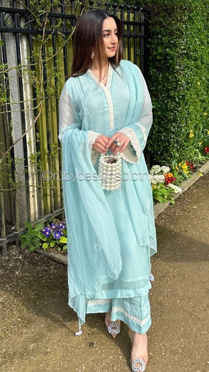 SABREENA- 3 Piece Baby Blue Chiffon Suit with Wide Leg Trouser (8340664058069)
