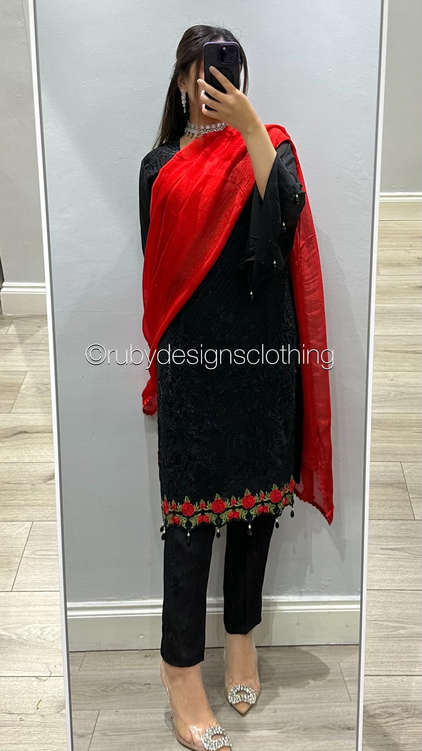 MISBA - 3 Piece Black Chiffon Suit with Red Chiffon Dupatta (8746833969365)
