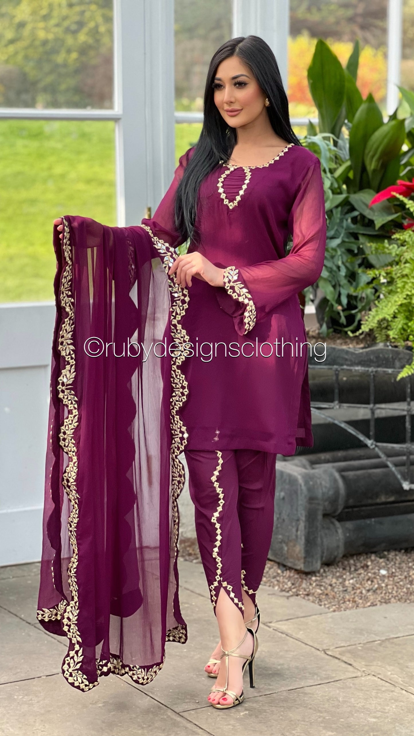 AQSA Plum - 3 Piece Plum Chiffon Suit with Tulip Trouser (8373499723989)