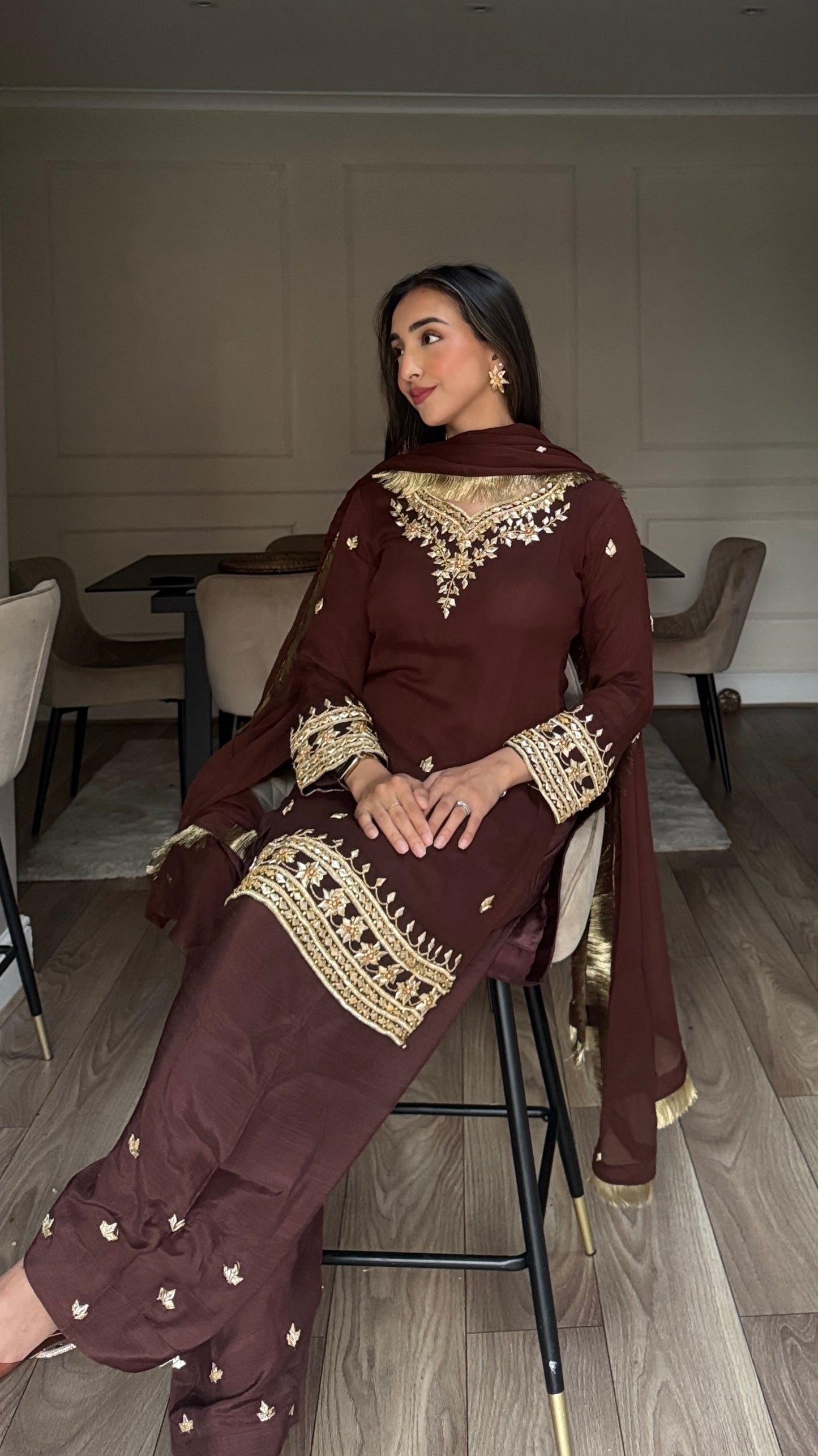 SAJAL Cocoa - 3 Piece Chiffon Suit with Farshi Shalwar and Gota Handwork