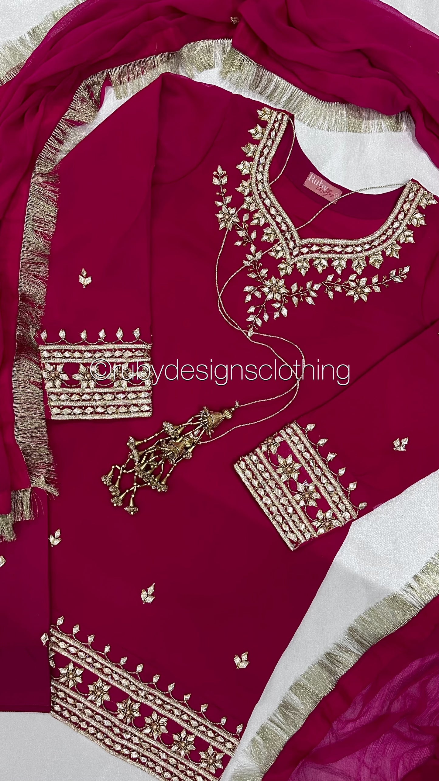 SAJAL Rose - 3 Piece Chiffon Suit with Farshi Shalwar and Gota Handwork