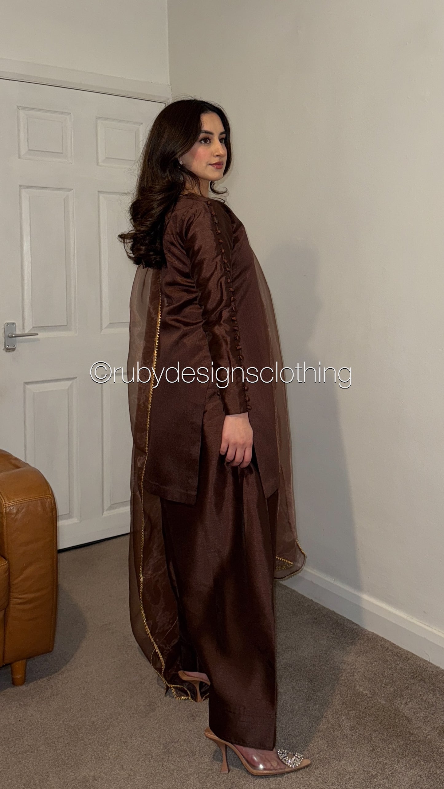 MISSING ITEM (TROUSER and SCARF) - ZIMAL Mocha - 3 Piece Silk Suit with Farshi Shalwar