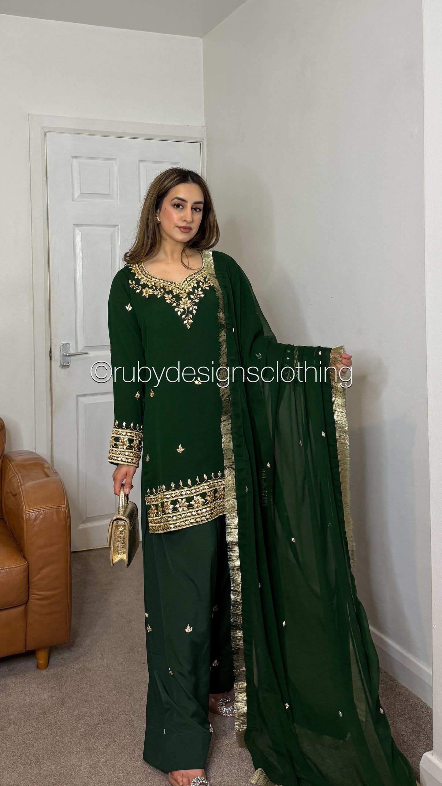 SAJAL Emerald - 3 Piece Chiffon Suit with Farshi Shalwar and Gota Handwork