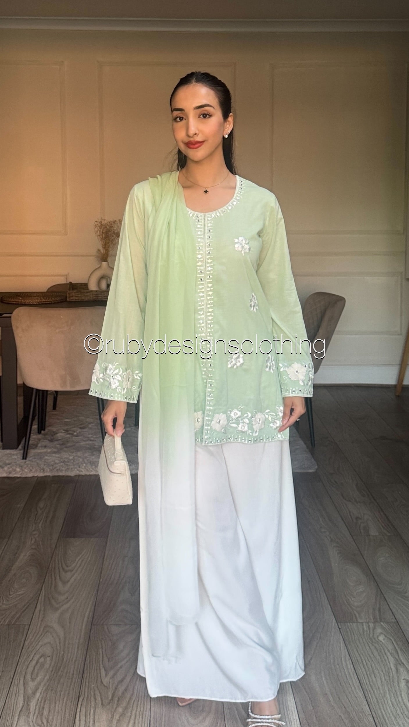 RAYA Mint - 3 Piece Swiss Lawn Suit with Flowy Wide-Leg Pants