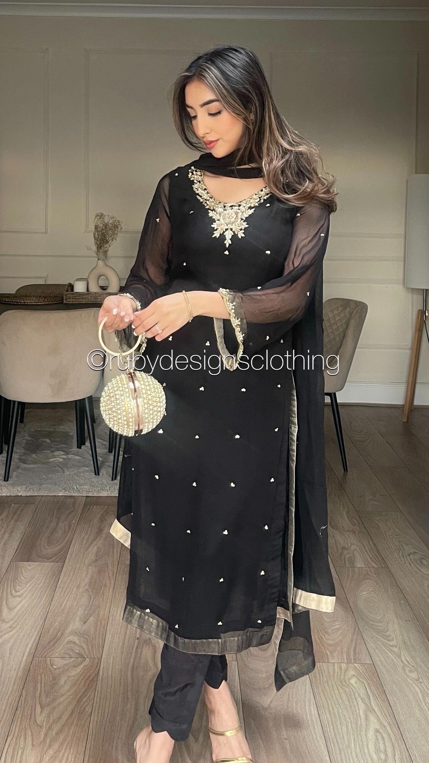 ALVIA Black - 3 Piece Black Chiffon Suit with Gold Handwork (8294976651477)