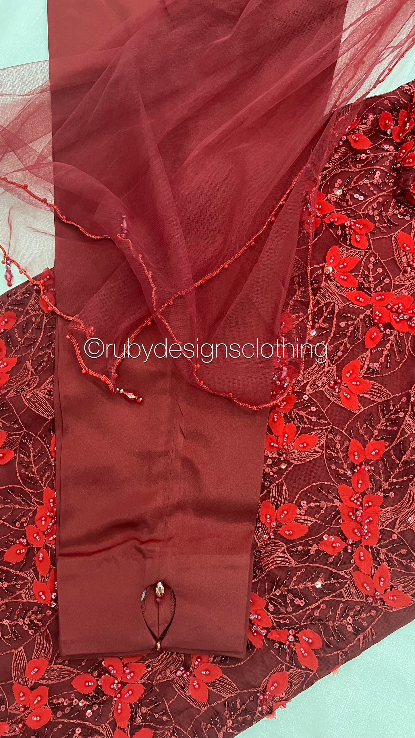 NORA - 3 Piece Red Heavy Embroidered 3D Net Suit (8275059474645)