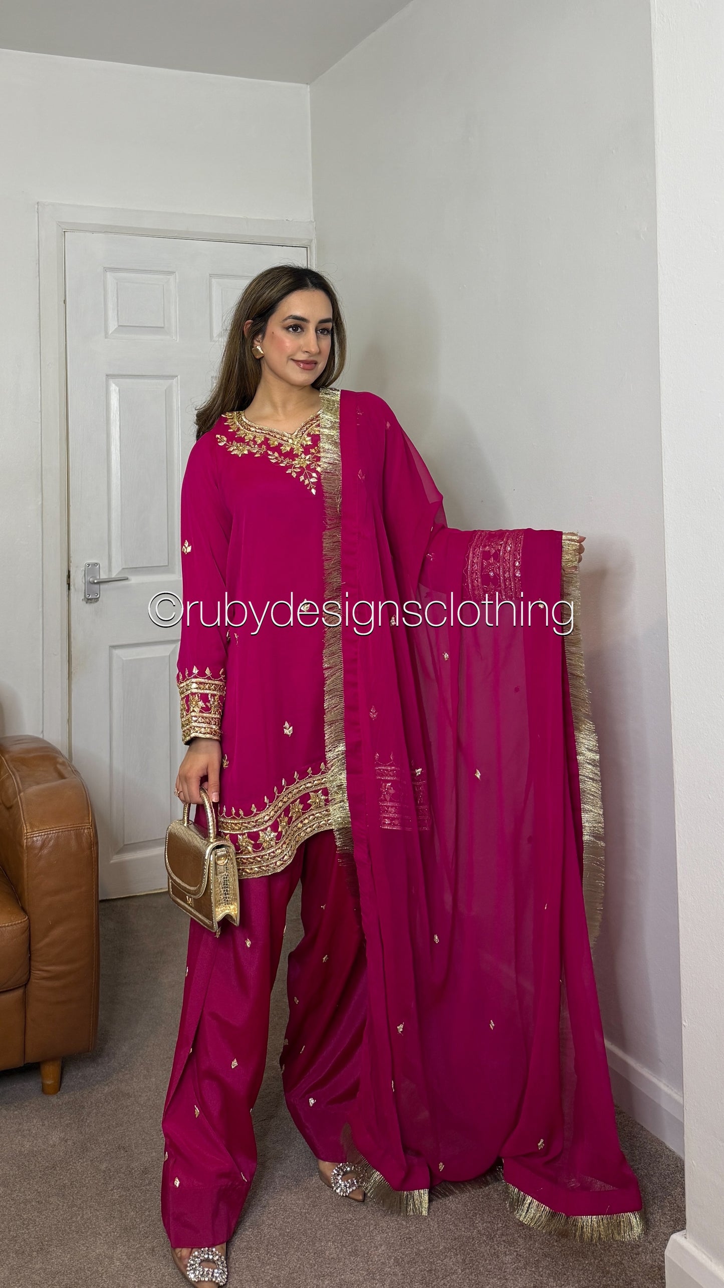 SAJAL Rose - 3 Piece Chiffon Suit with Farshi Shalwar and Gota Handwork