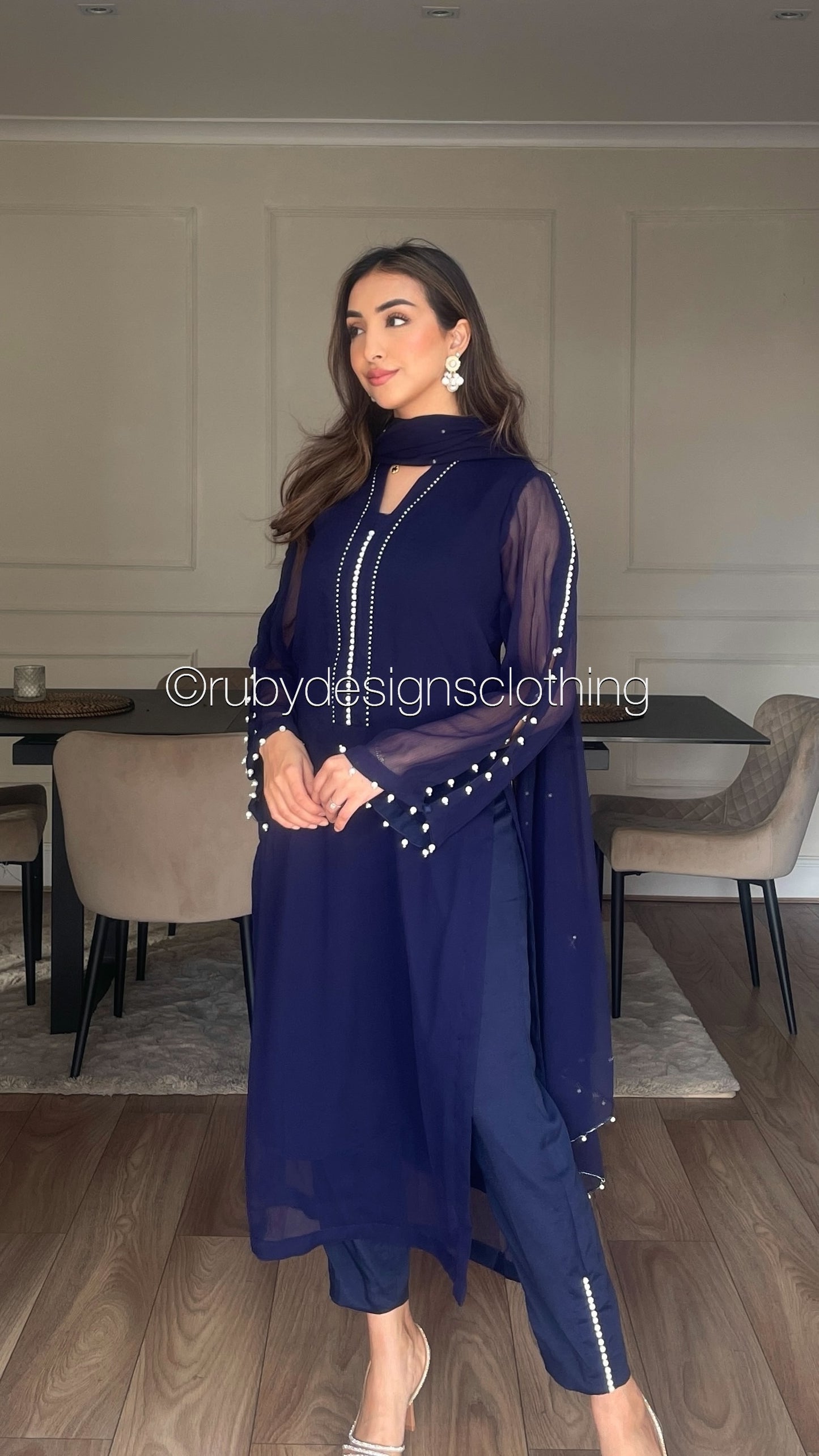 DUA Navy - 3 Piece Navy Chiffon Suit with Chiffon Dupatta and Pearls