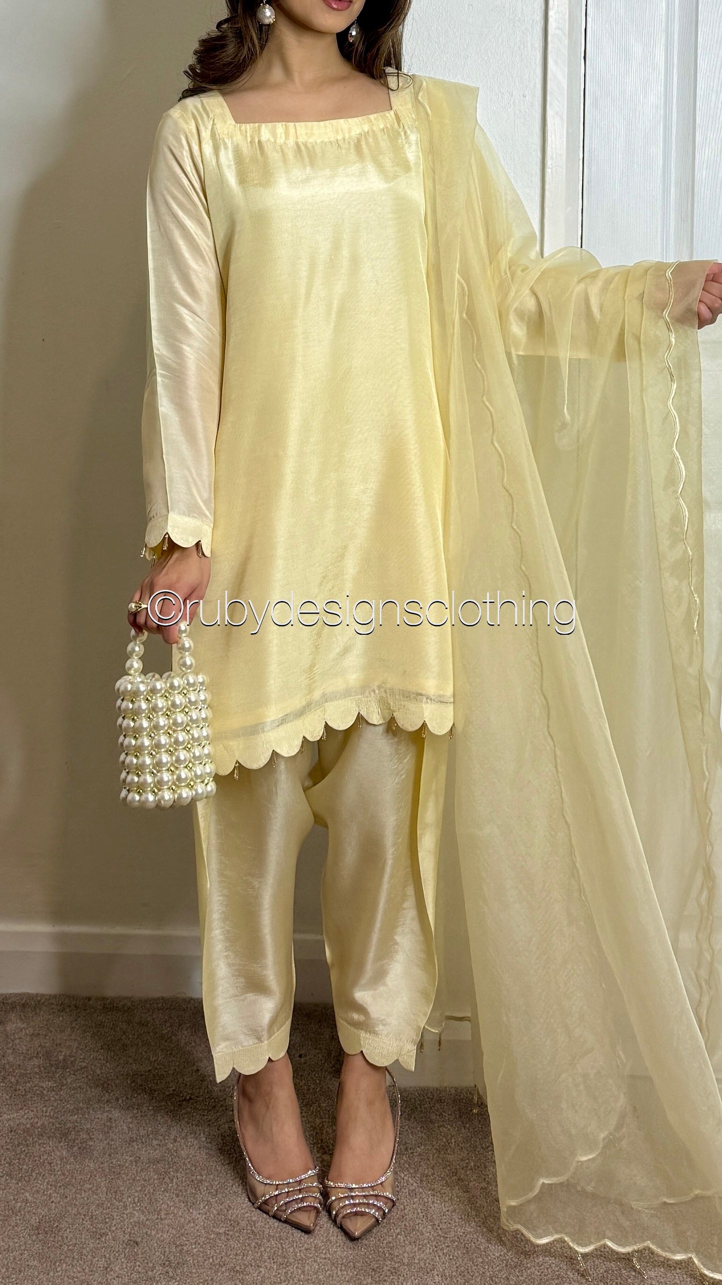 HAYAT Butter - 3 Piece Silk Suit with Skinny Shalwar