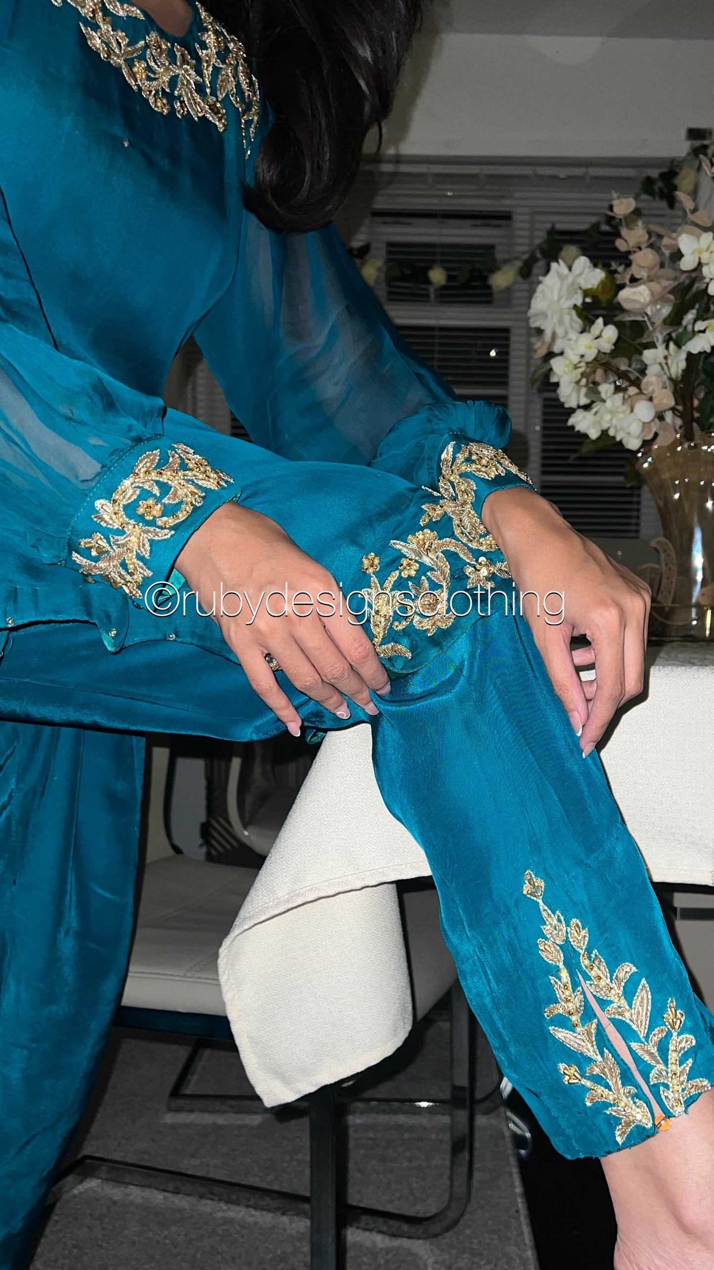 ANEEQA Teal - 4 Piece Chiffon Suit with Gold Handwork (8013104775381)