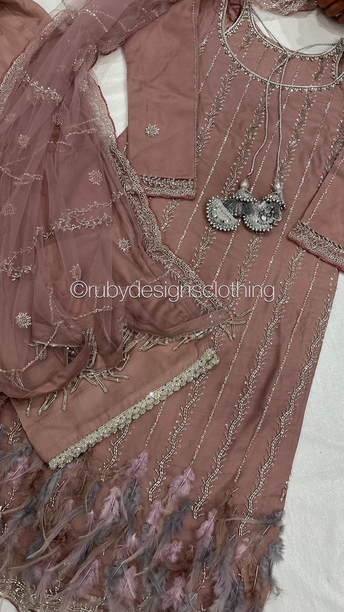 ELARA Bloom - 3 Piece Pink/Lilac Net Suit with Heavy Cutdana Work