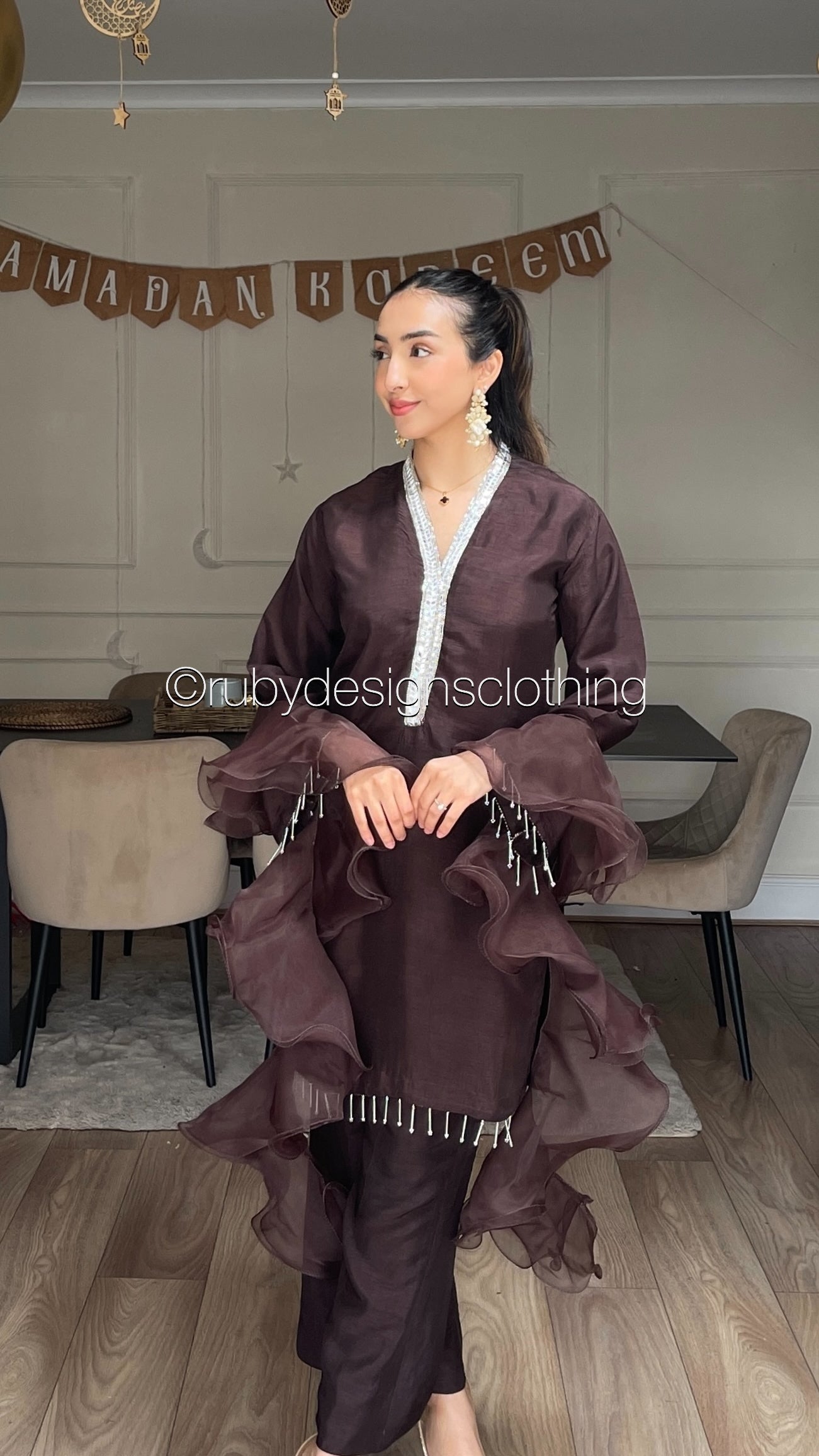 SABEEN Cocoa - 3 Piece Brown Raw Silk Suit with Ruffle Dupatta (8502097838293)