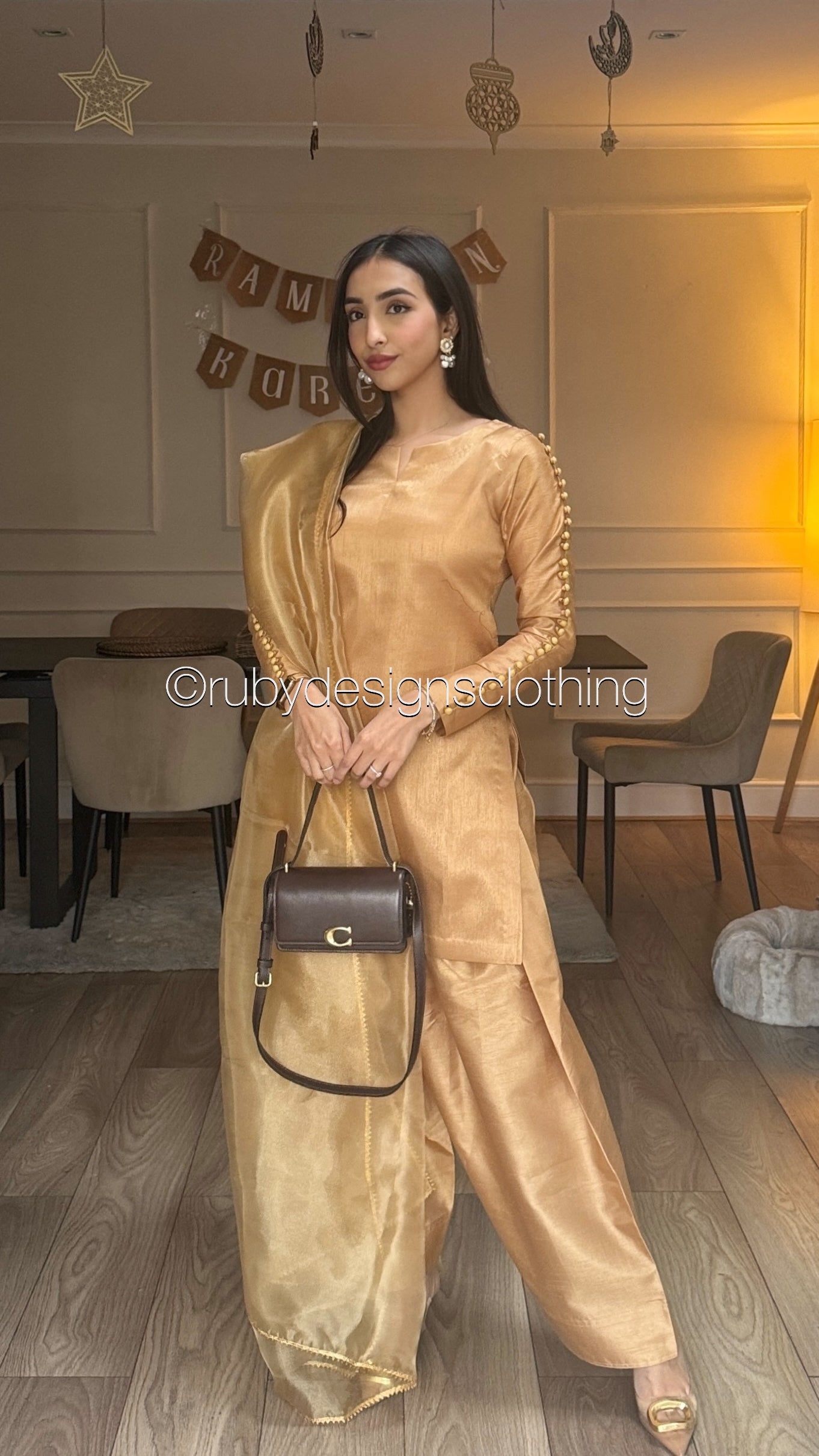 ZIMAL Gold - 3 Piece Korean Raw Silk Suit with Farshi Shalwar