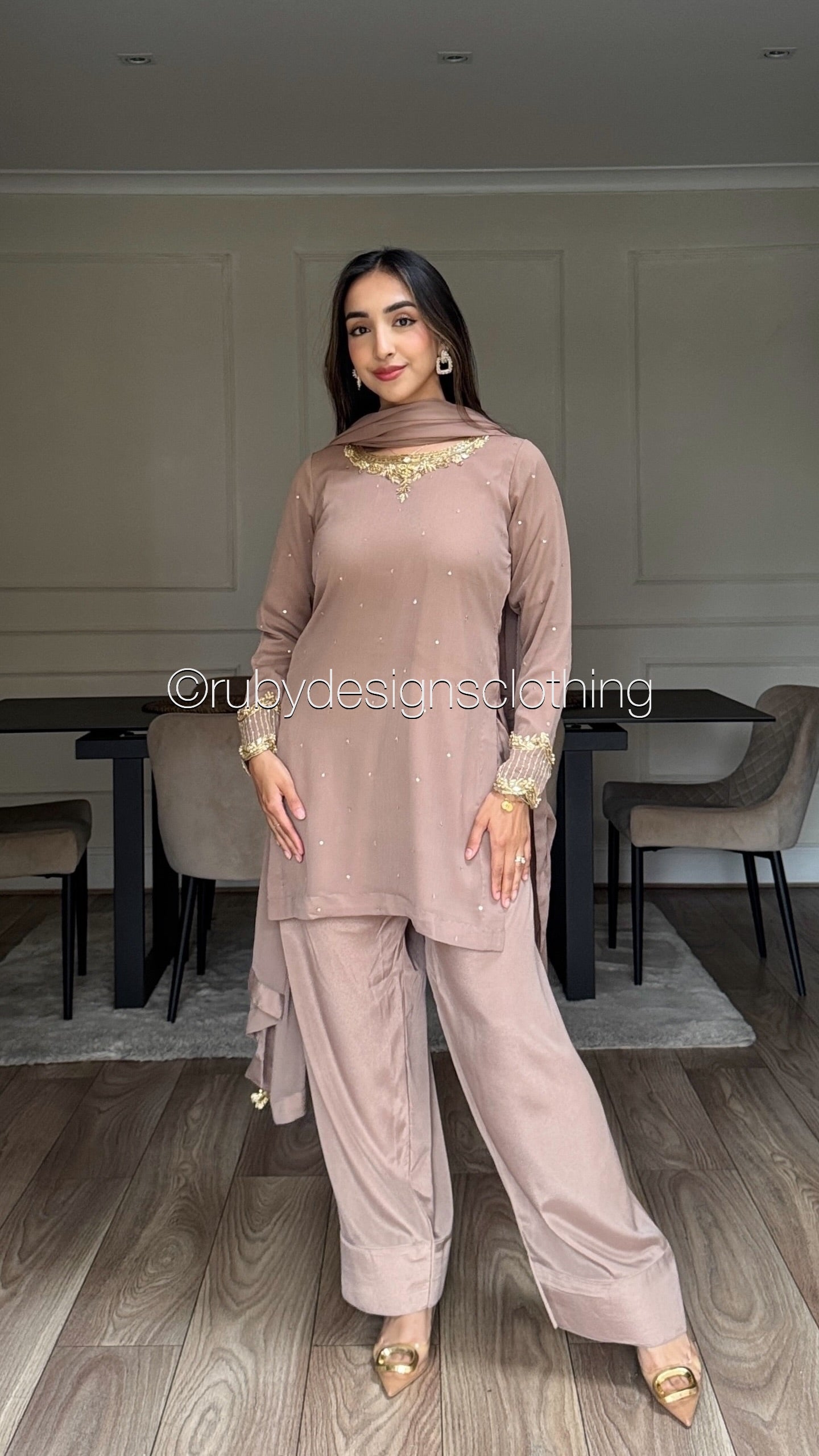 RAHA Latte - Luxury 3 Piece Chiffon Suit with Farshi Shalwar