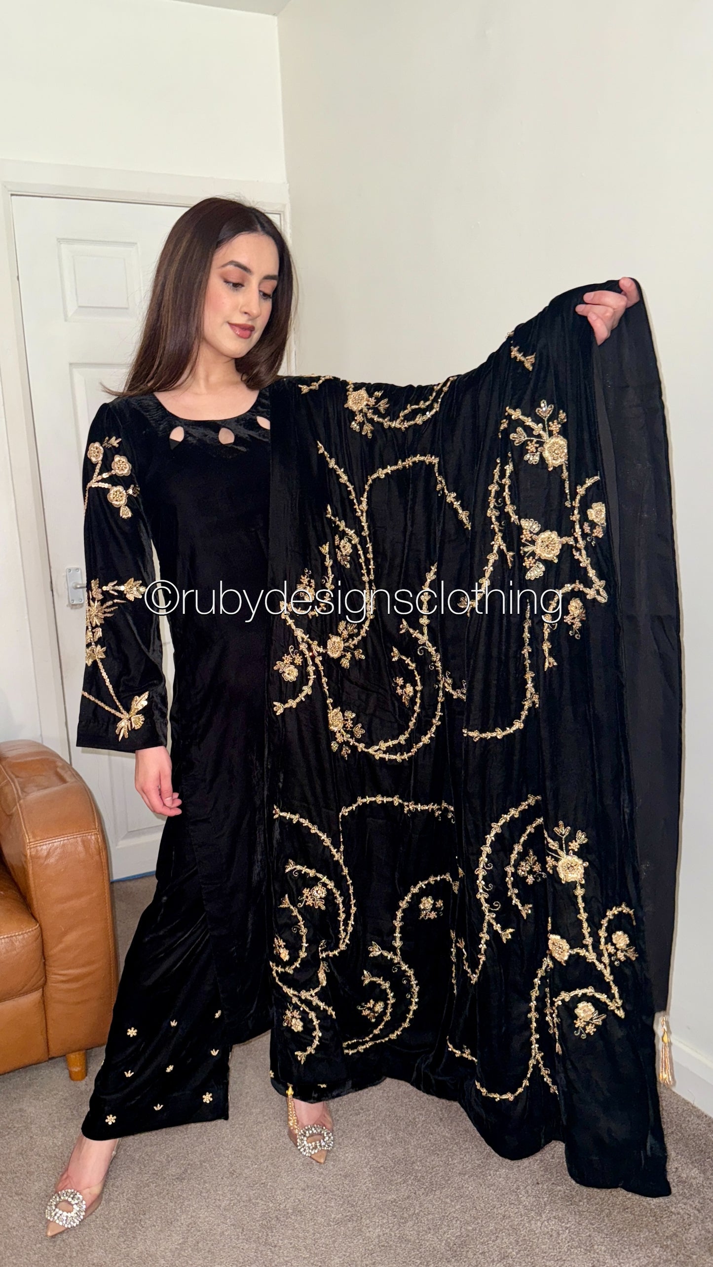 RAISA Black - 3 Piece Luxury Velvet Suit with Heavy Embellished Shawl