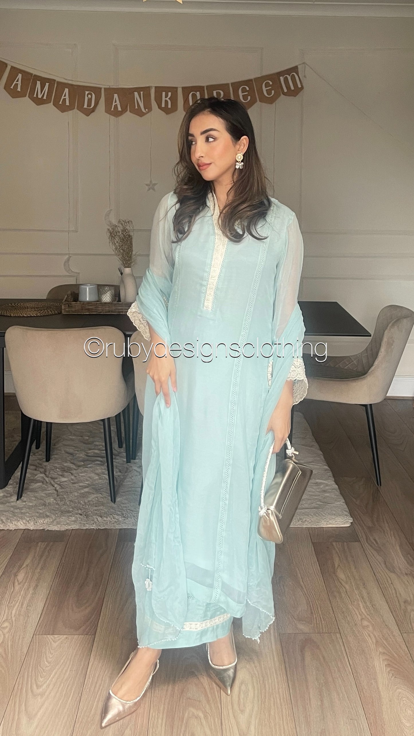 SABREENA- 3 Piece Baby Blue Chiffon Suit with Wide Leg Trouser (8340664058069)