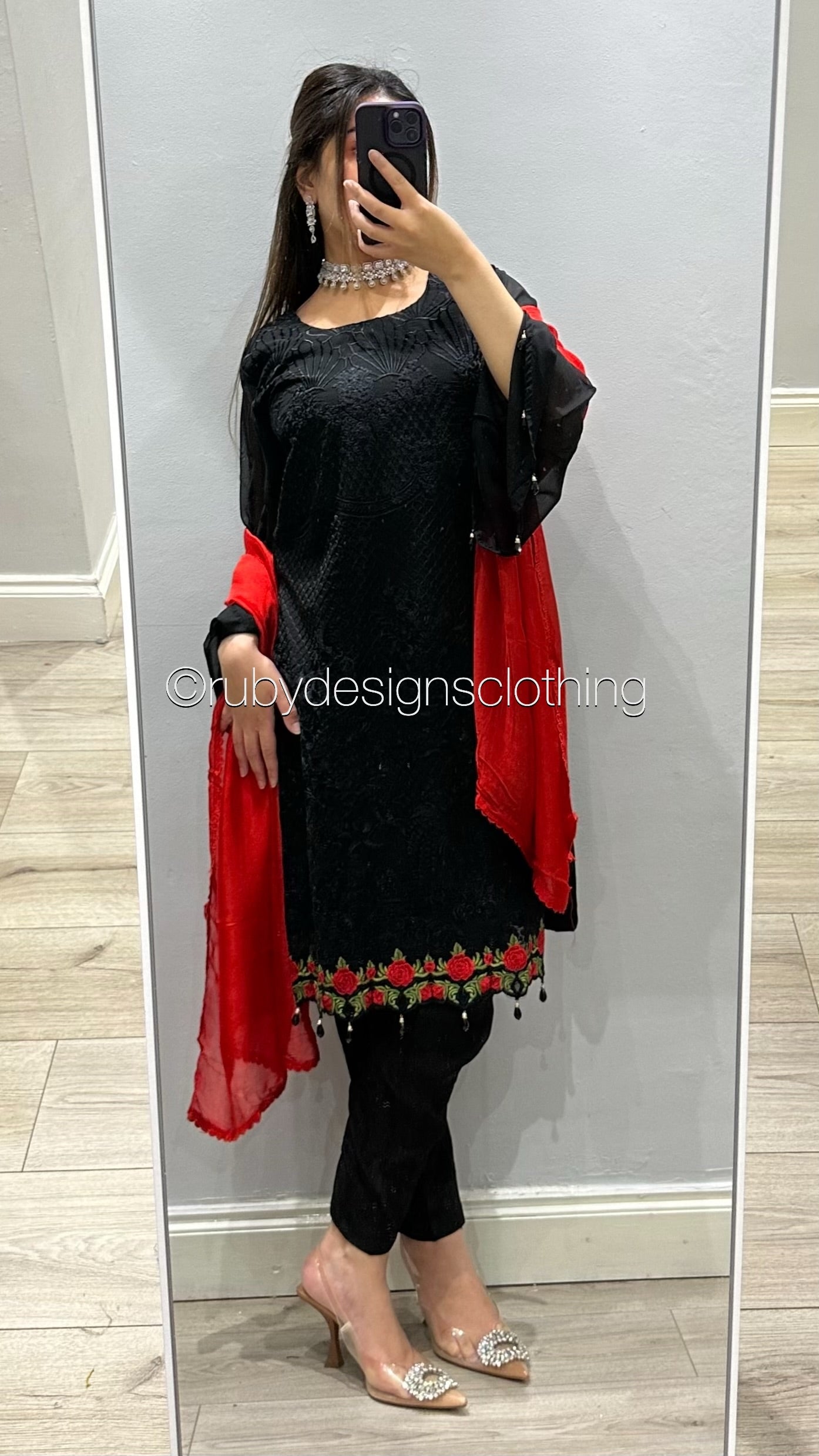 MISBA - 3 Piece Black Chiffon Suit with Red Chiffon Dupatta (8746833969365)