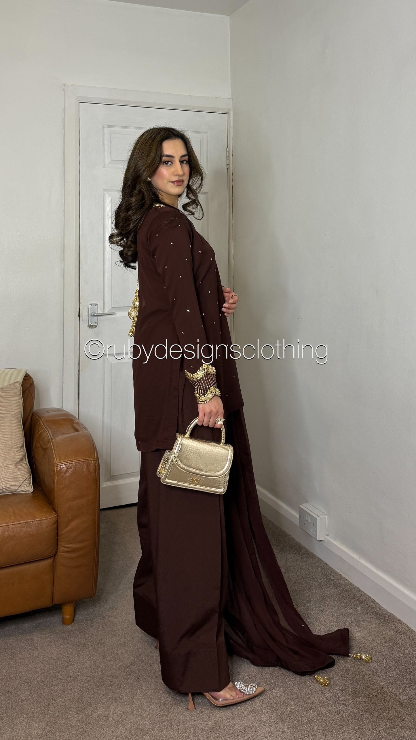 RAHA Mocha - Luxury 3 Piece Chiffon Suit with Farshi Shalwar