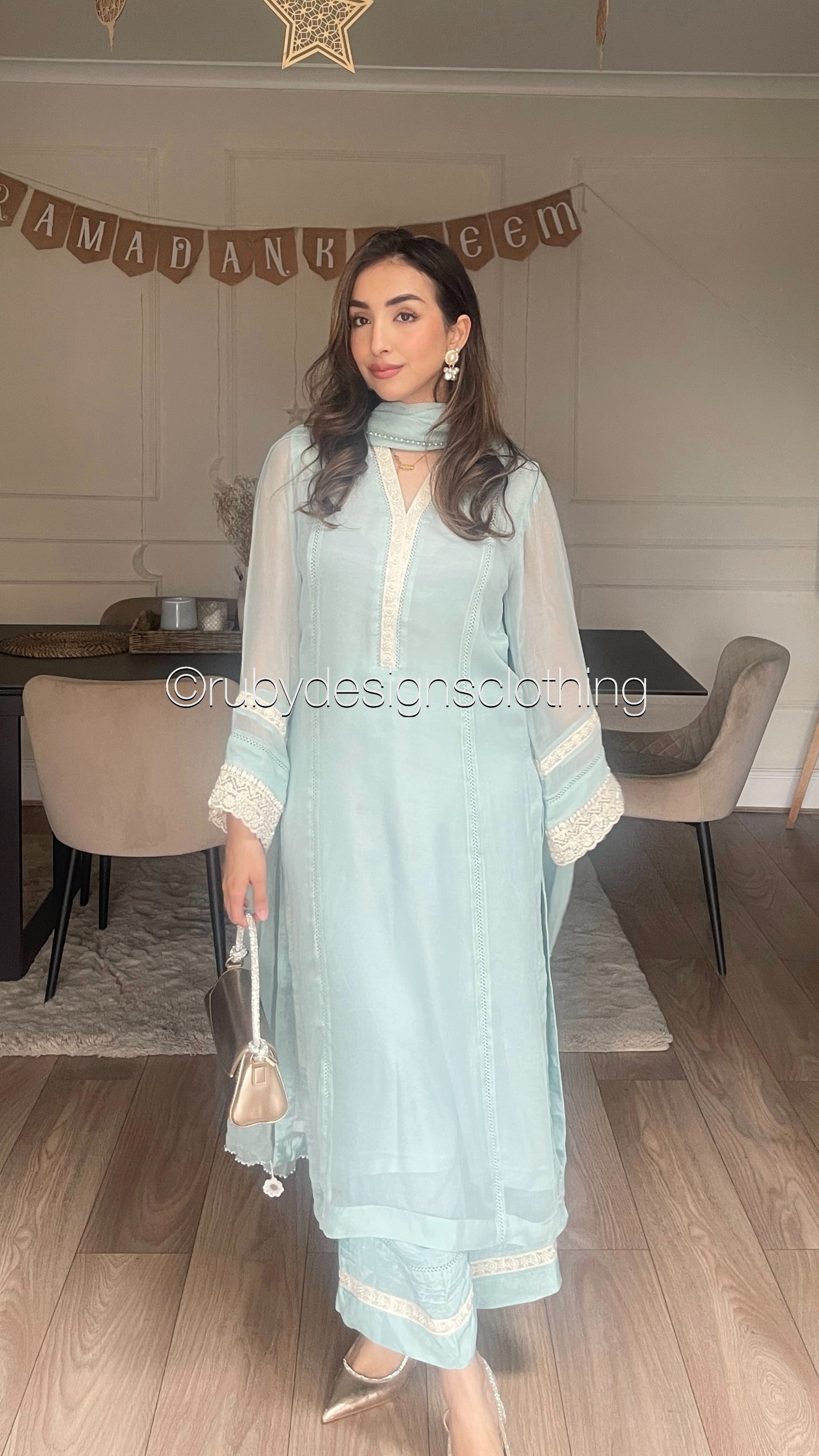 SABREENA- 3 Piece Baby Blue Chiffon Suit with Wide Leg Trouser (8340664058069)