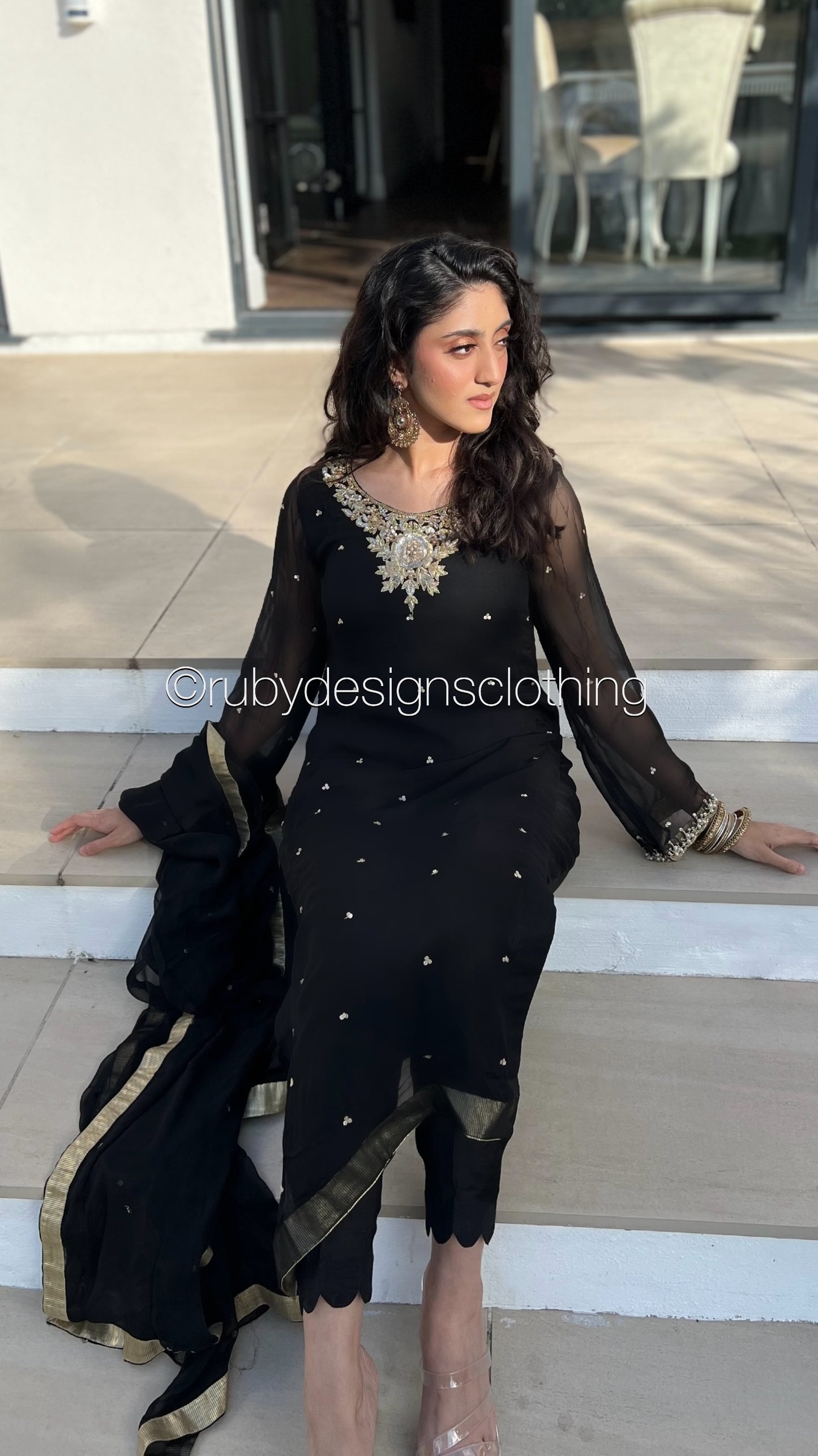 ALVIA Black - 3 Piece Black Chiffon Suit with Gold Handwork (8294976651477)