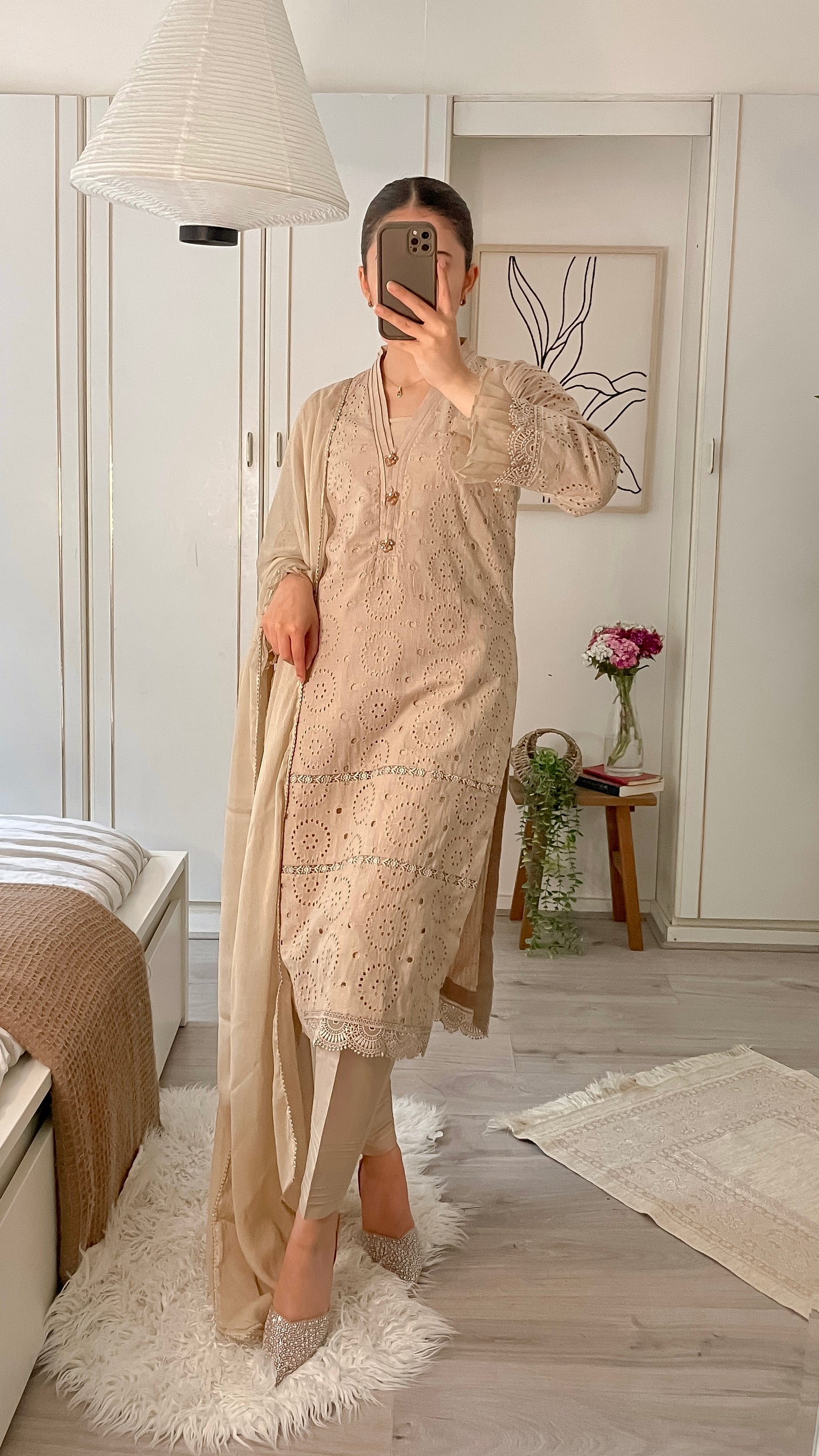 NIDA - 3 Piece Beige/Nude Chikankari Suit with Chiffon Dupatta (8570236141781)