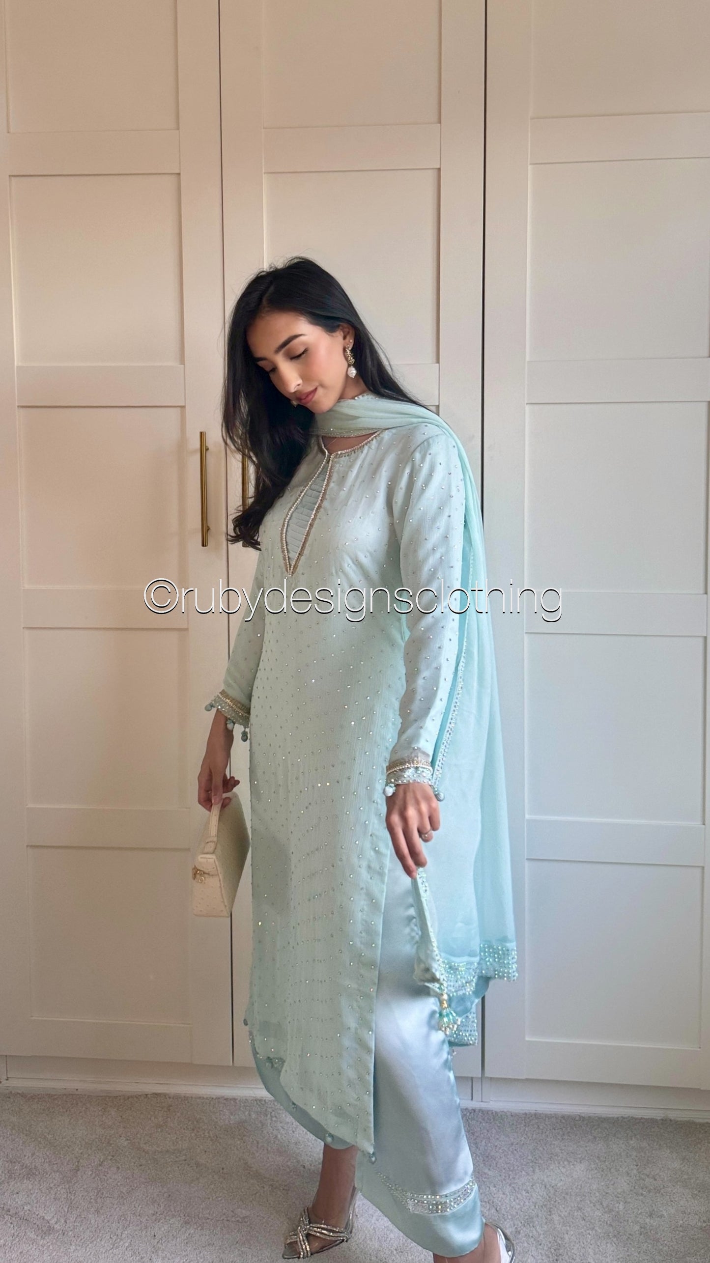 MISSING ITEM (SCARF) - LEENA Sky - 3 Piece Chiffon Suit with Stonework