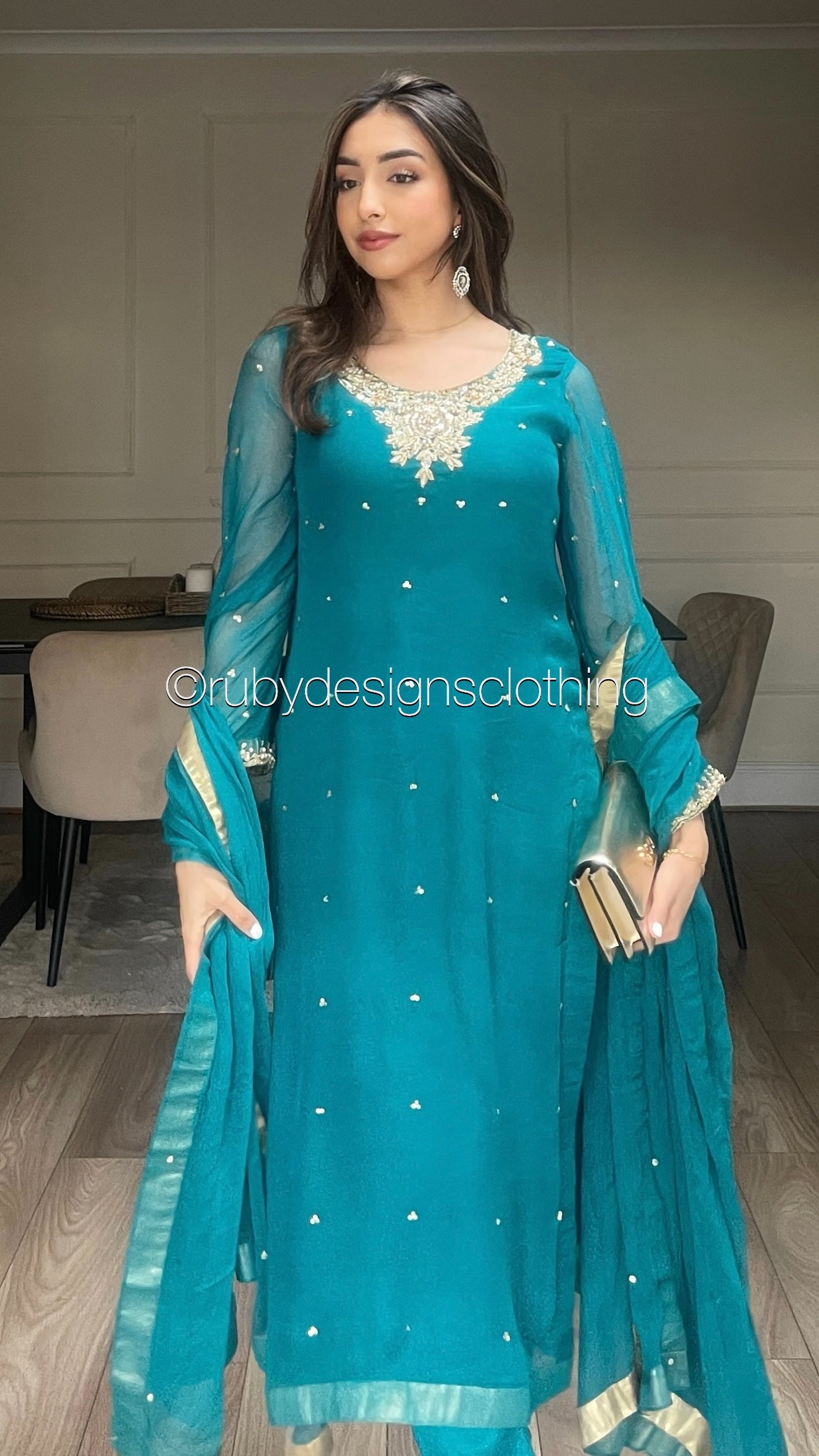 ALVIA Teal - 3 Piece Teal Chiffon Suit with Gold Handwork (8295034847445)