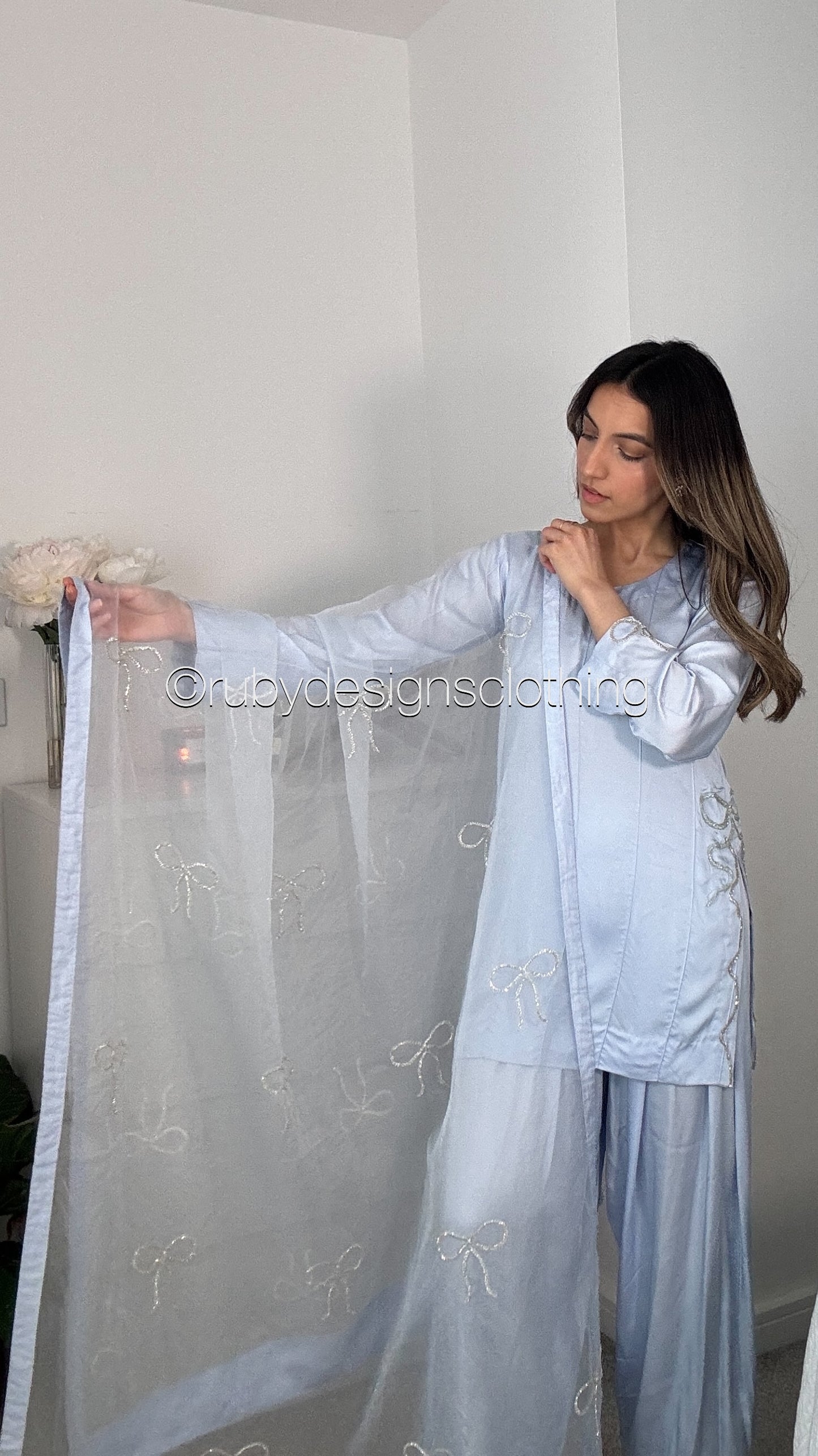 SAYLA Sky - 3 Piece Silk Bow Suit with Farshi Shalwar