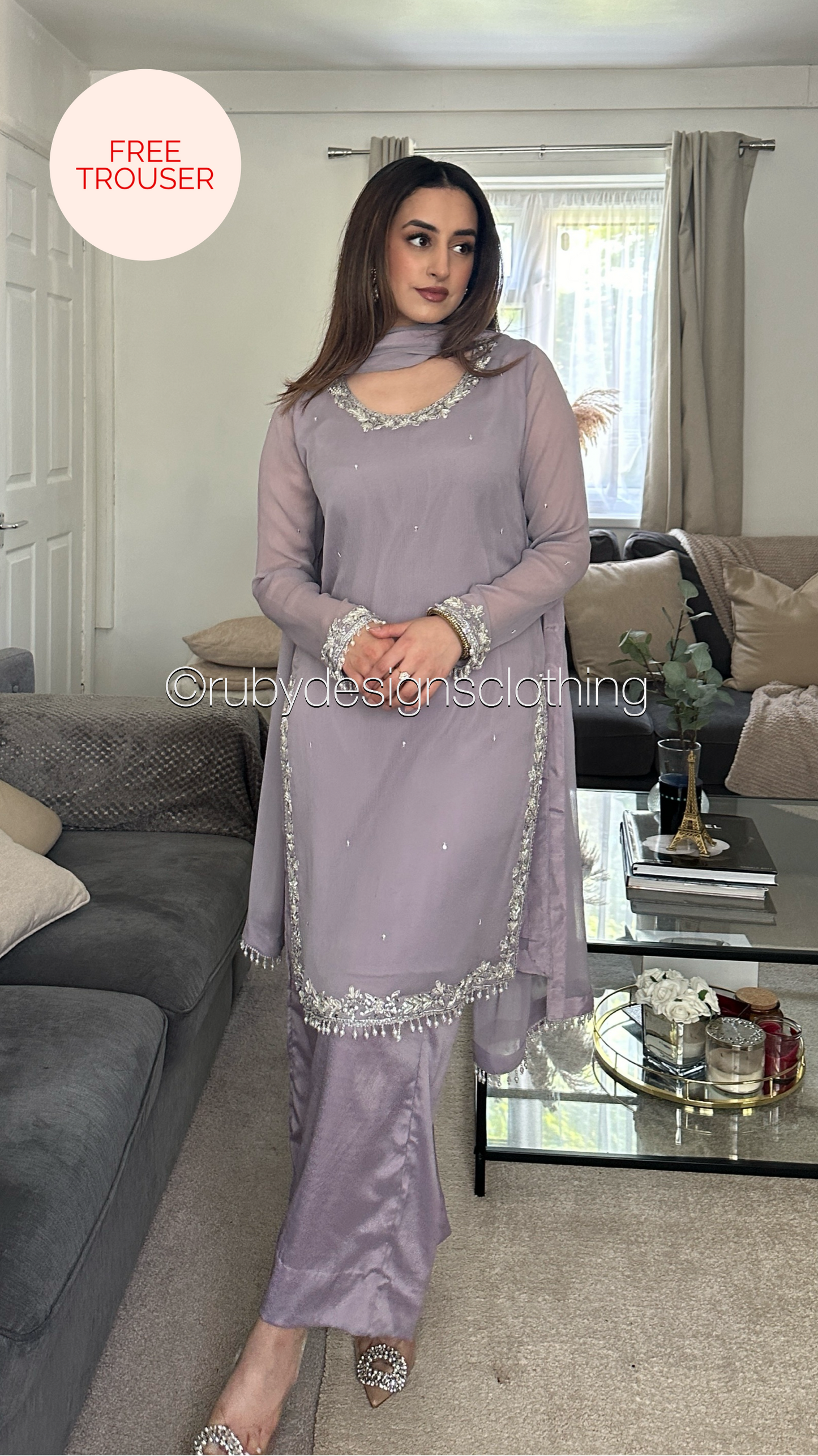 AYRA Dusk - 3 Piece Muted Lilac Chiffon Suit with Farshi Shalwar