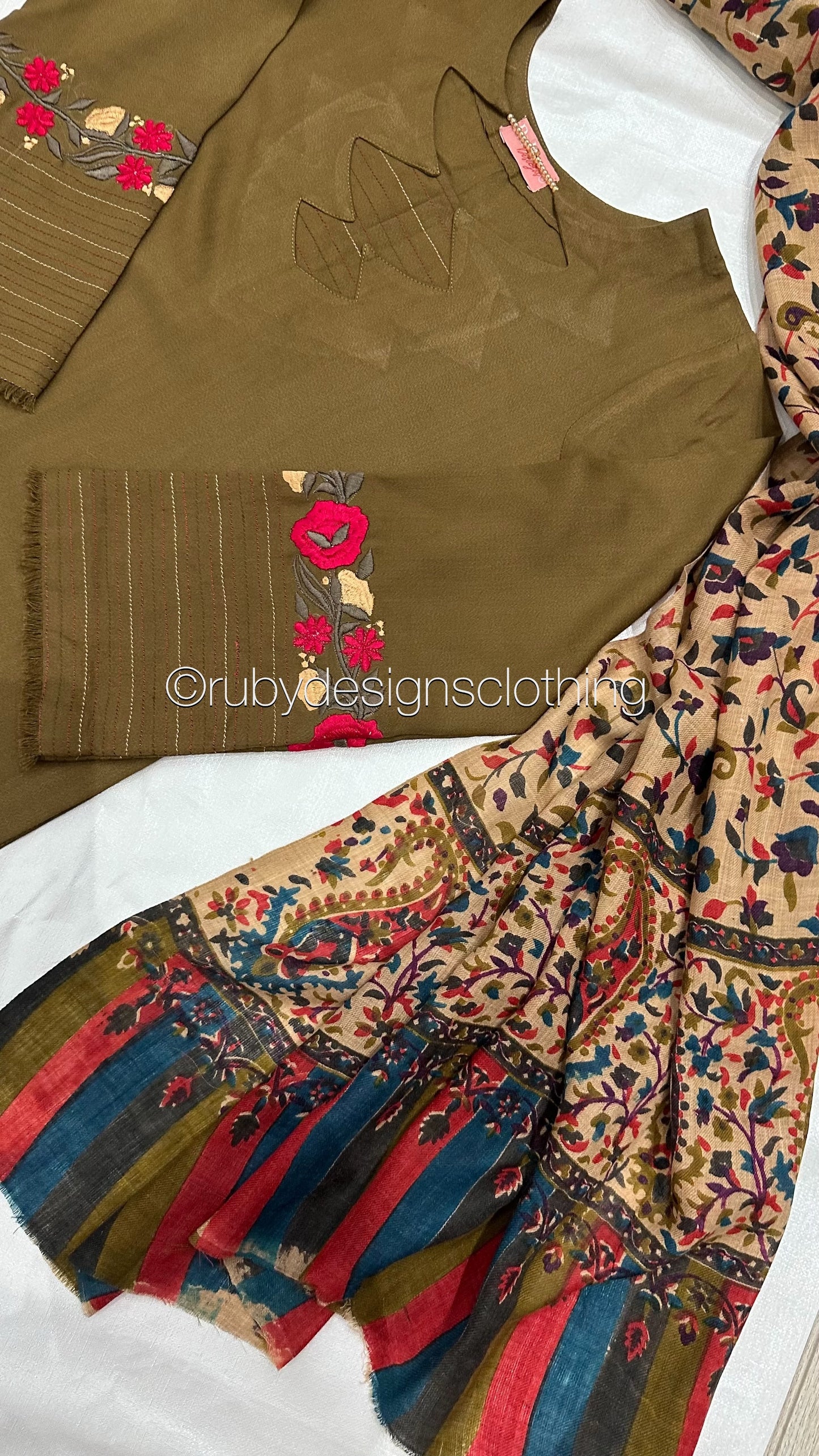 MINA - 3 Piece Khaki Marina Suit with Printed Pashmina Shawl