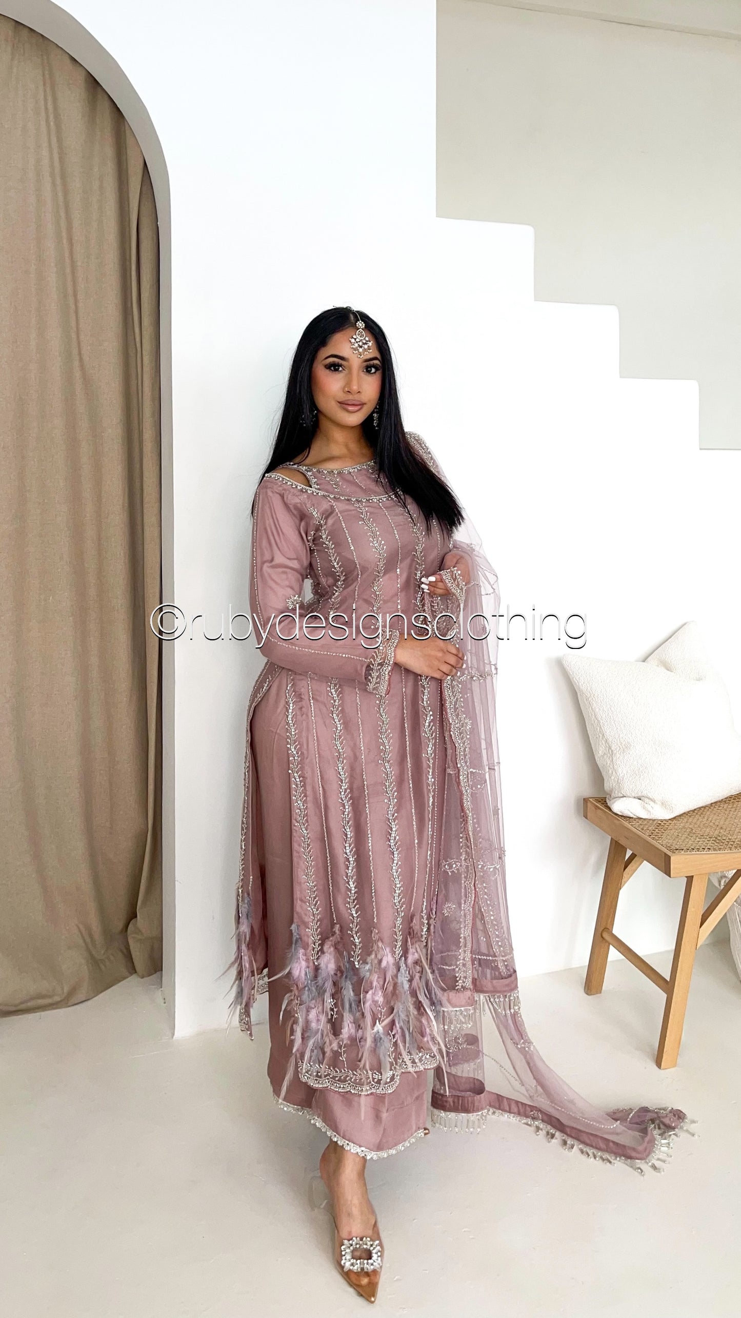 ELARA Bloom - 3 Piece Pink/Lilac Net Suit with Heavy Cutdana Work