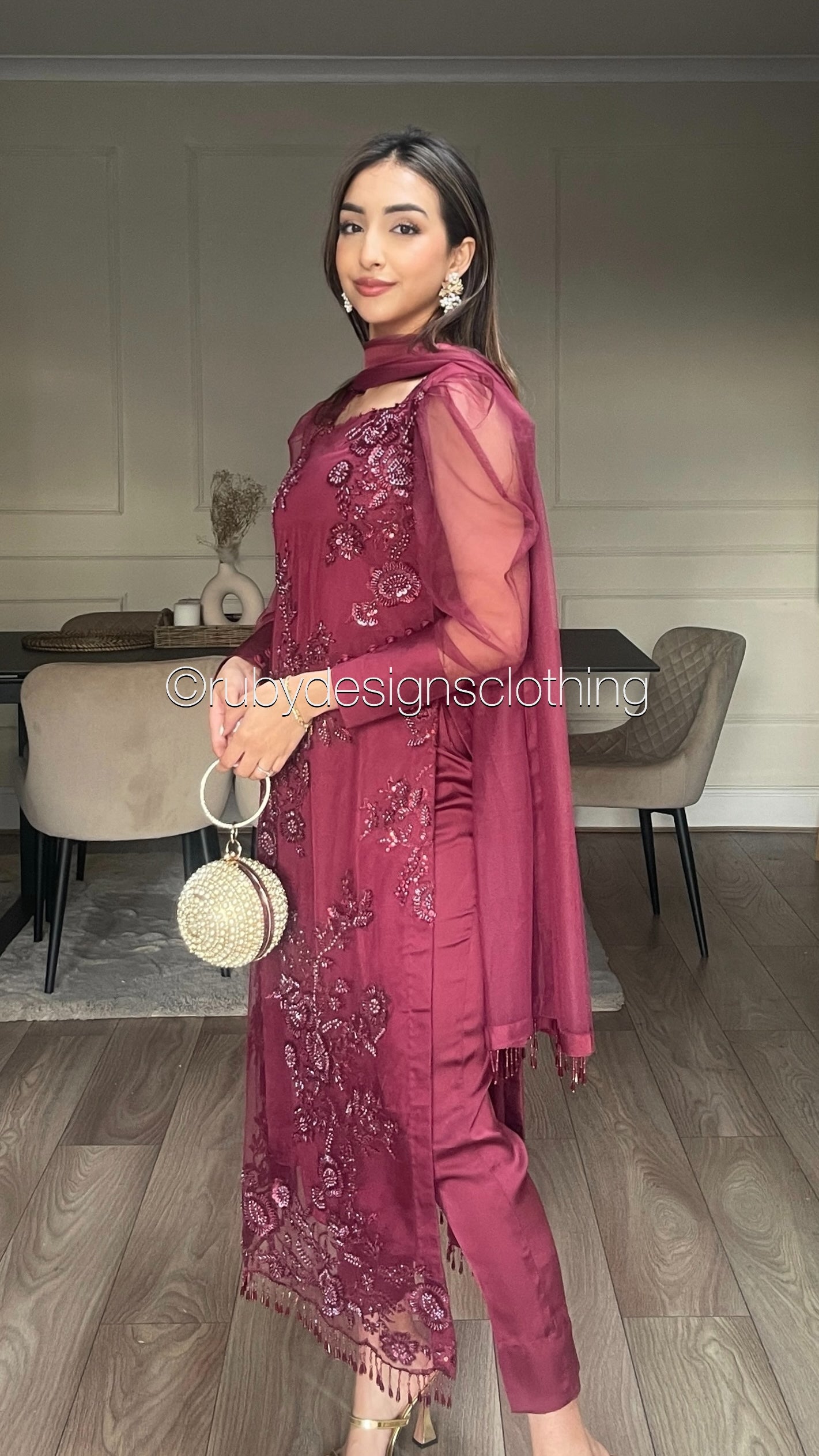 DINA - 3 Piece Deep Red Net Suit with Net Dupatta and Tassels (8301864255701)