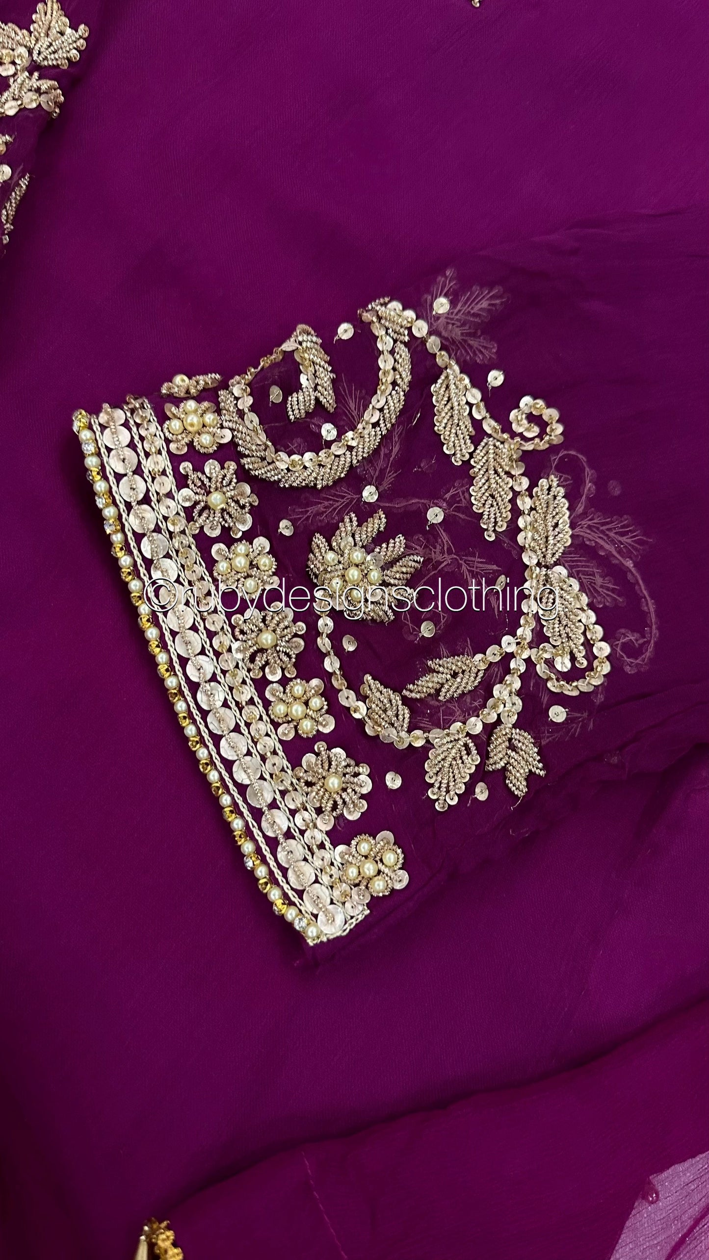 PRE-ORDER ZAINA - 3 Piece Deep Magenta Chiffon Sharara with Gold Handwork (8158985519317)