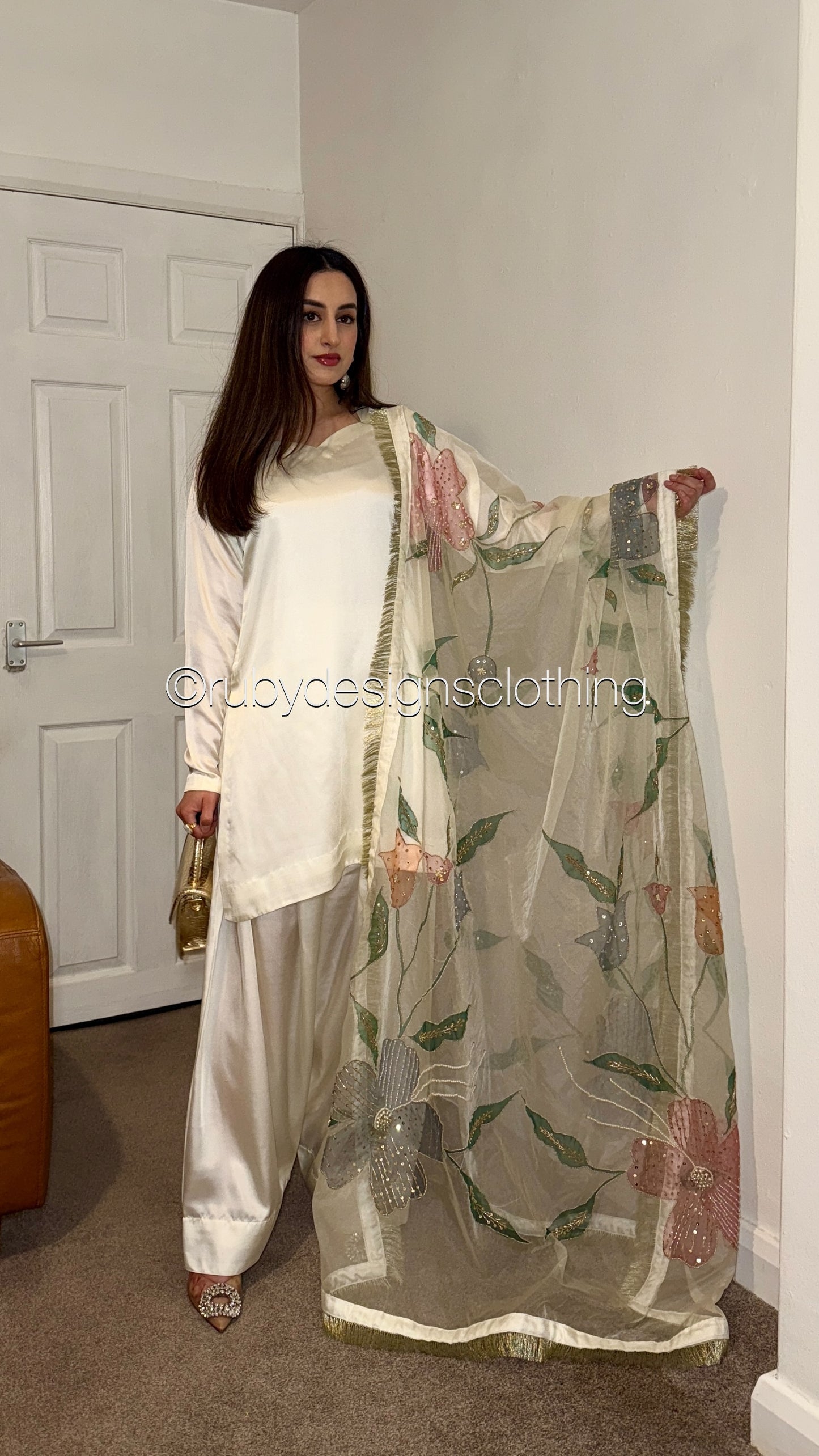 NURA Pearl - 3 Piece Luxury Silk Suit with Farshi Shalwar and Hand Painted Dupatta